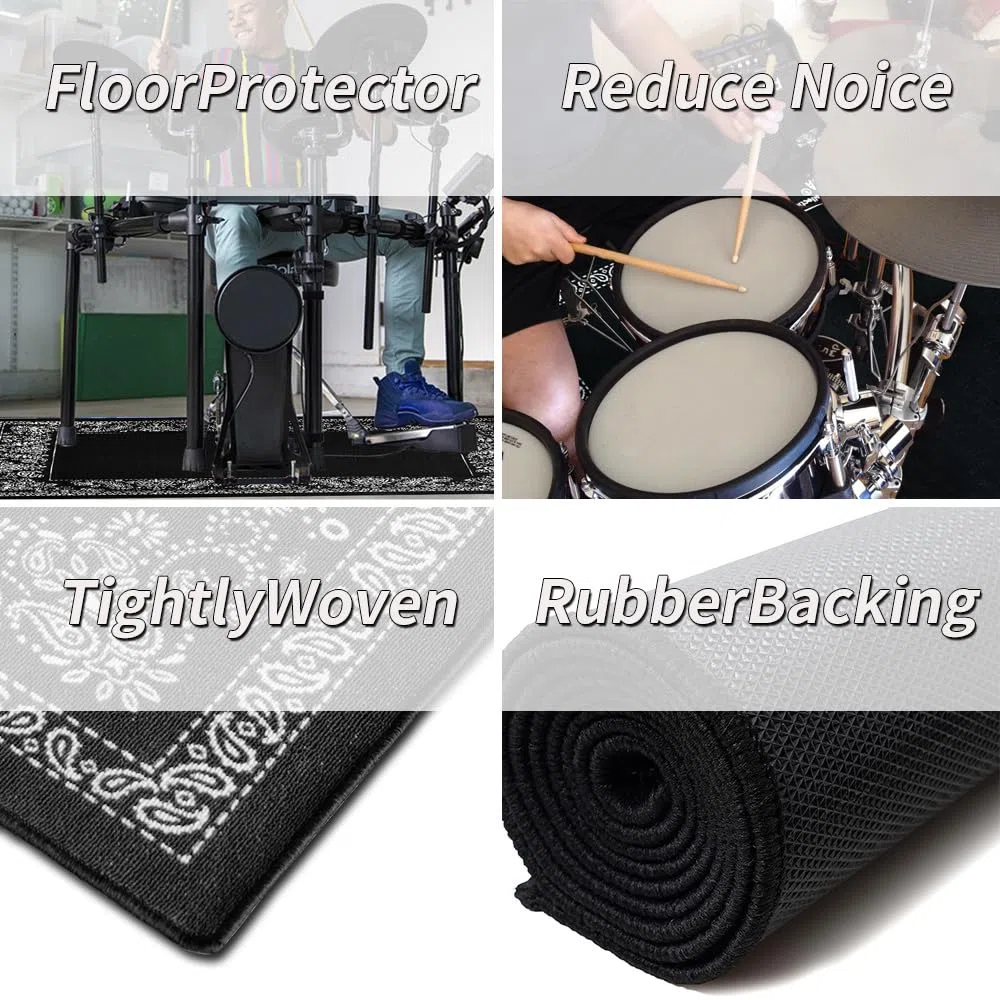 Aucuda Paisley Trommelteppich, 1,8 x 2 m, dicht gewebter Stoff, Trommelbodenmatte mit rutschfester Unterseite, elektrisches Schlagzeug-Teppichzubehör für Drumming, Wohnzimmer, schalldicht, keine