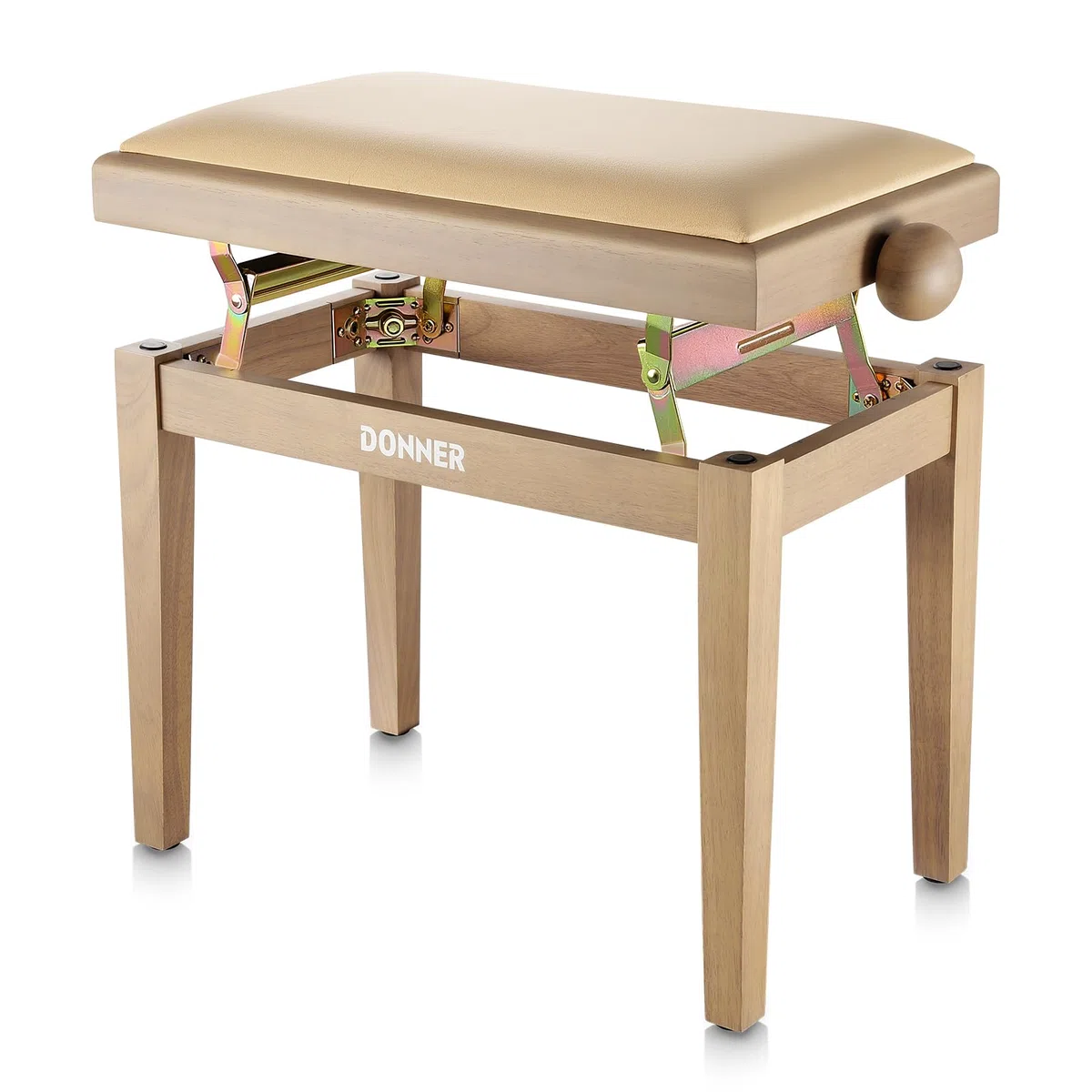 Donner Verstellbare Klavierbank, Klavierstuhlsitz aus Massivholz mit hochdichtem Schwammkissen, Klavierhocker aus Holz mit Metallhebevorrichtungen, Beige