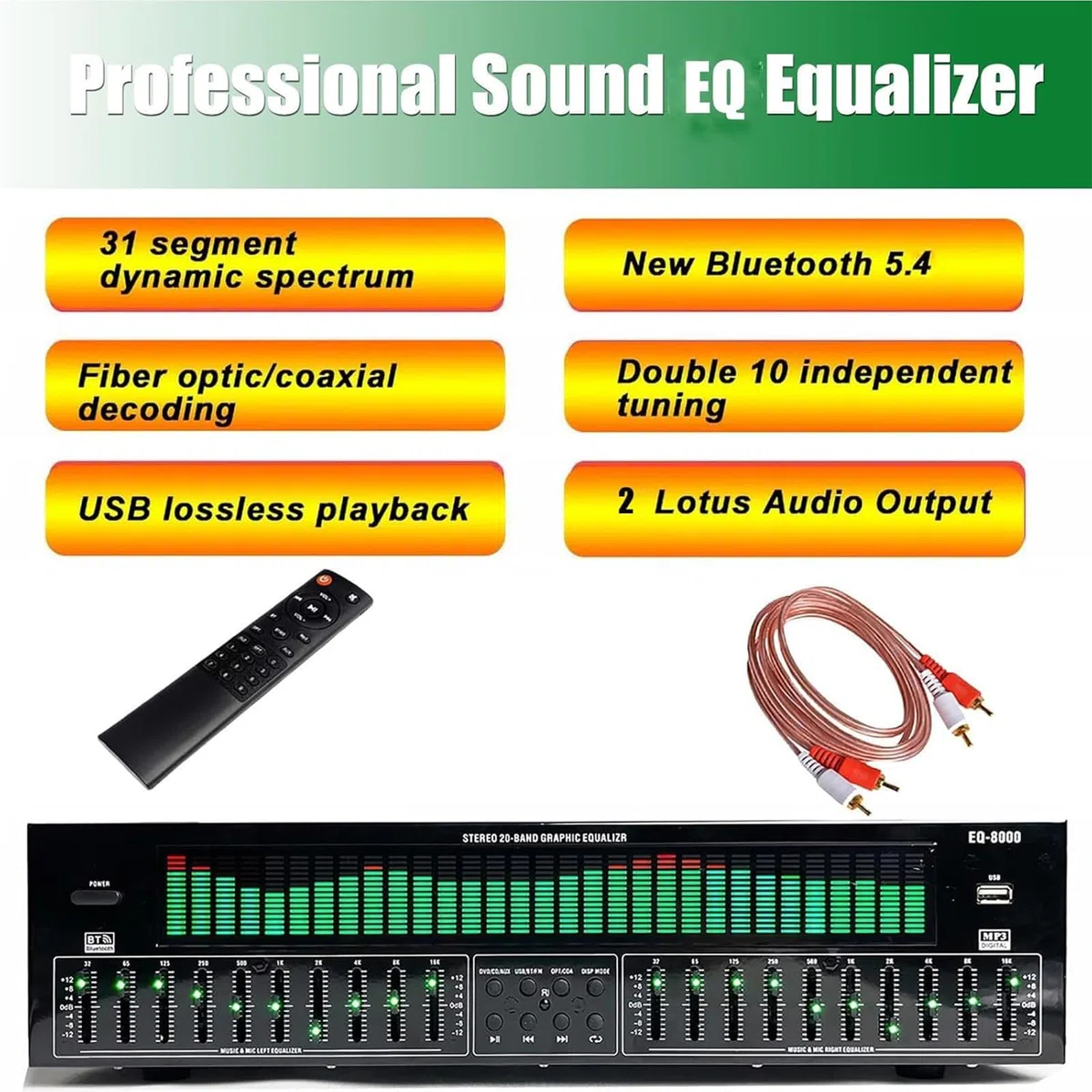 31-Band Digital Equalizer, EQ8000 Stereo Grafischer Equalizer mit Fernbedienung, Bluetooth 5.4 Optische Koaxial-Digital-Audio-Decodierung, 12 Rhythmusmuster, Rauschunterdrückung, für Aufnahmestudio