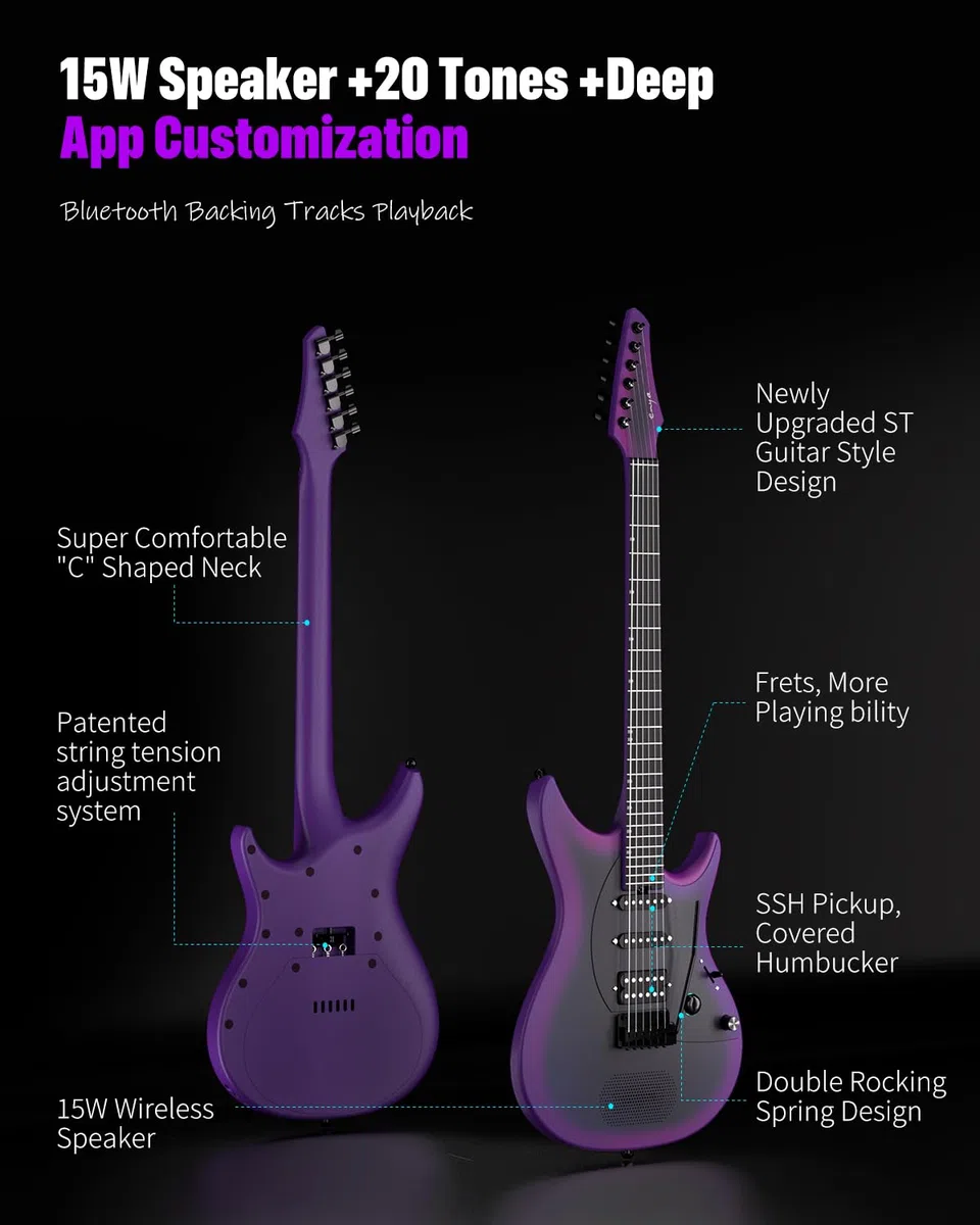 Enya Inspire Gitarre 39" Smart E-Gitarre aus Kohlefaser(Lila) | eingebauter 15W Lautsprecher/20 unterschiedlichen Klängen/integrierte Presets/Ladekabel/Zubehör