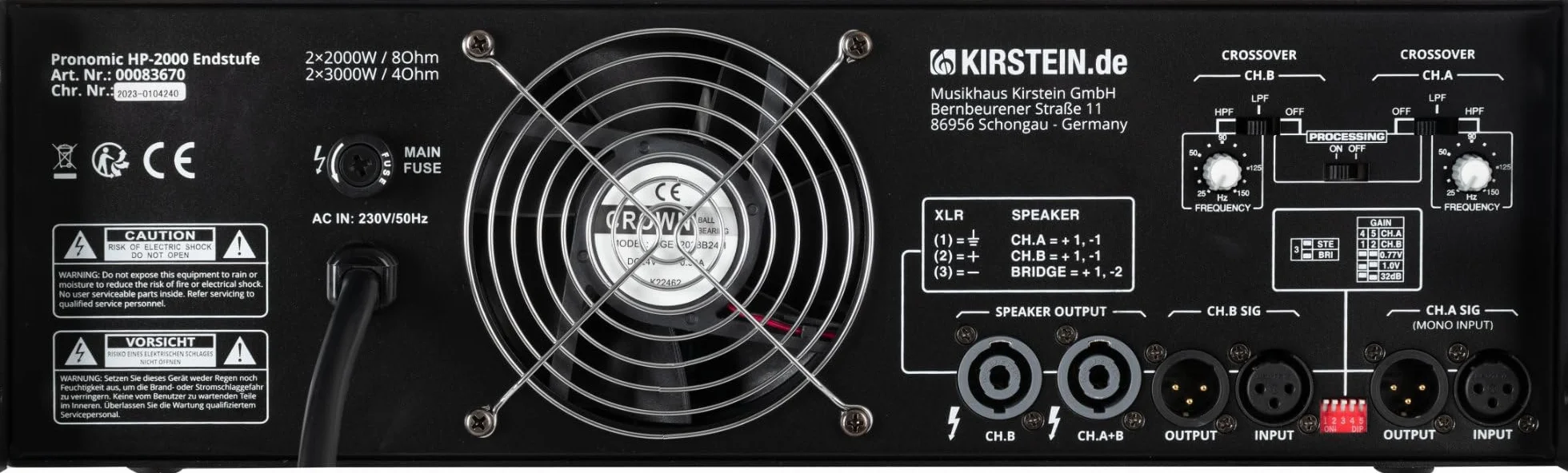 Pronomic HP-2000 Endstufe 2x 3000 Watt - Ausgangsleistung (4 Ohm): 2x 3000 Watt - Zuschaltbare Hoch-/Tiefpassfilter mit einstellbarer Crossover-Frequenz - Wählbare Eingangsverstärkung - Schwarz