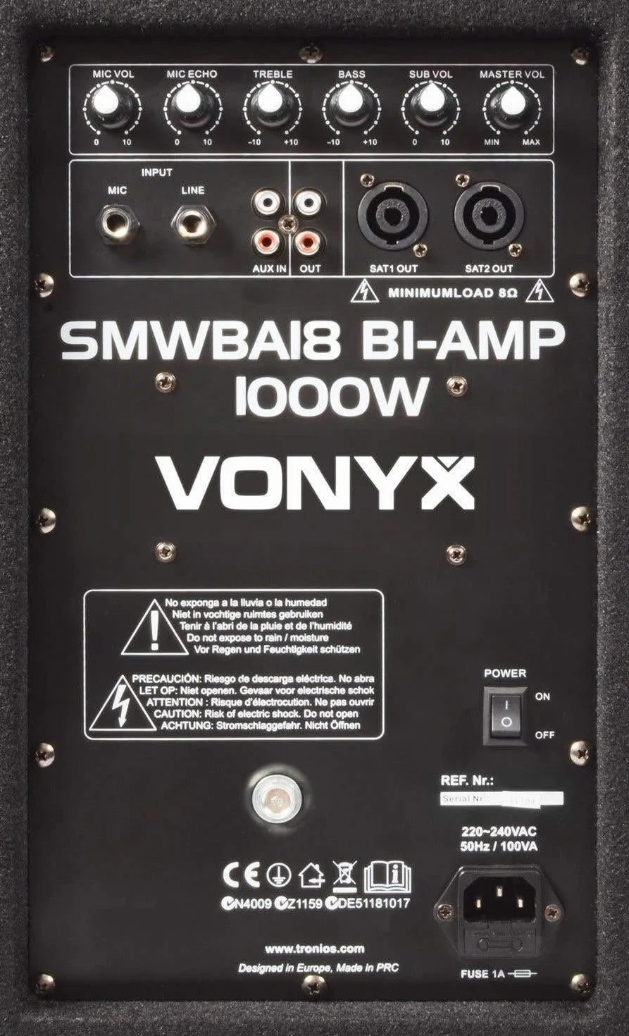Vonyx SMWBA18 Aktiv Subwoofer, stabile Bassbox, 18 Zoll Sub 1000 Watt, Bi-AMP, integrierter Verstärker, Aktive DJ Lautsprecherbox mit Filzbeschichtung in schwarz