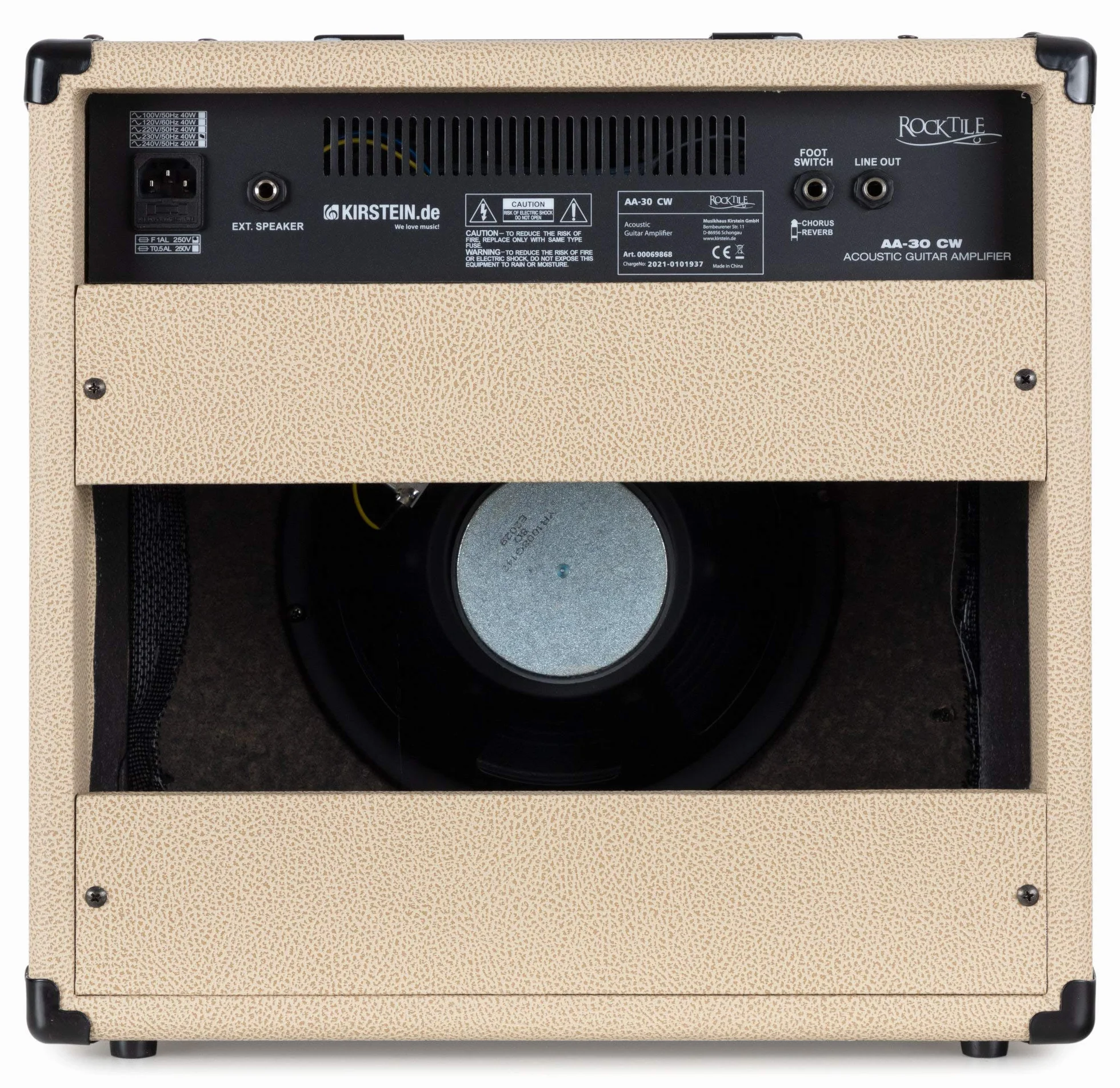 Rocktile AA-30 CW Eric Akustikverstärker - 30 Watt - 2 Kanäle (Mikrofon und Gitarre) - 10" Speaker + 2,5" Hochtöner - AUX-Eingang und Line Out - Chorus- und Hall-Effekt - Creme