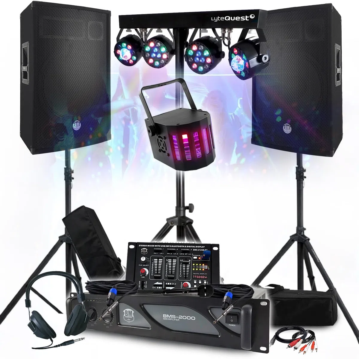 Sound-Set DJ 3400 W Verstärker 2000 W, Lautsprecher 2 x 700 W, Füße, Mischpult, 8 Lichter, Xperformer LED, Kopfhörer Mikrofon