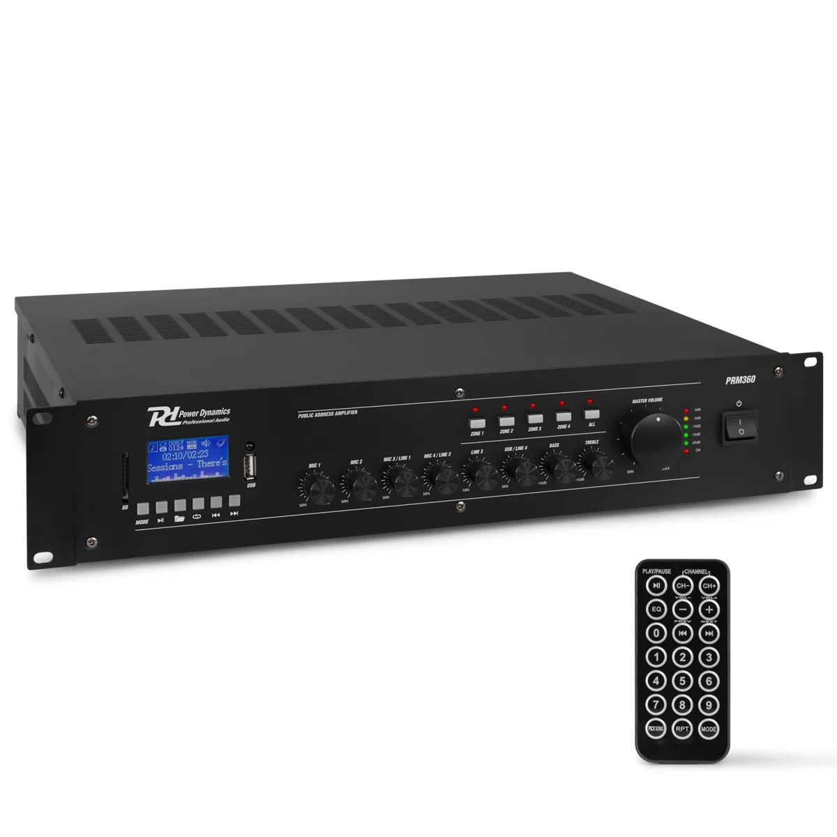 Power Dynamics PRM360 PA Endstufe - Verstärker für Lautsprecher und Musikanlagen, 100 Volt System, 360 Watt PA Verstärker, Bluetooth, MP3-Player, USB, SD, 2x Mic, Soundverstärker