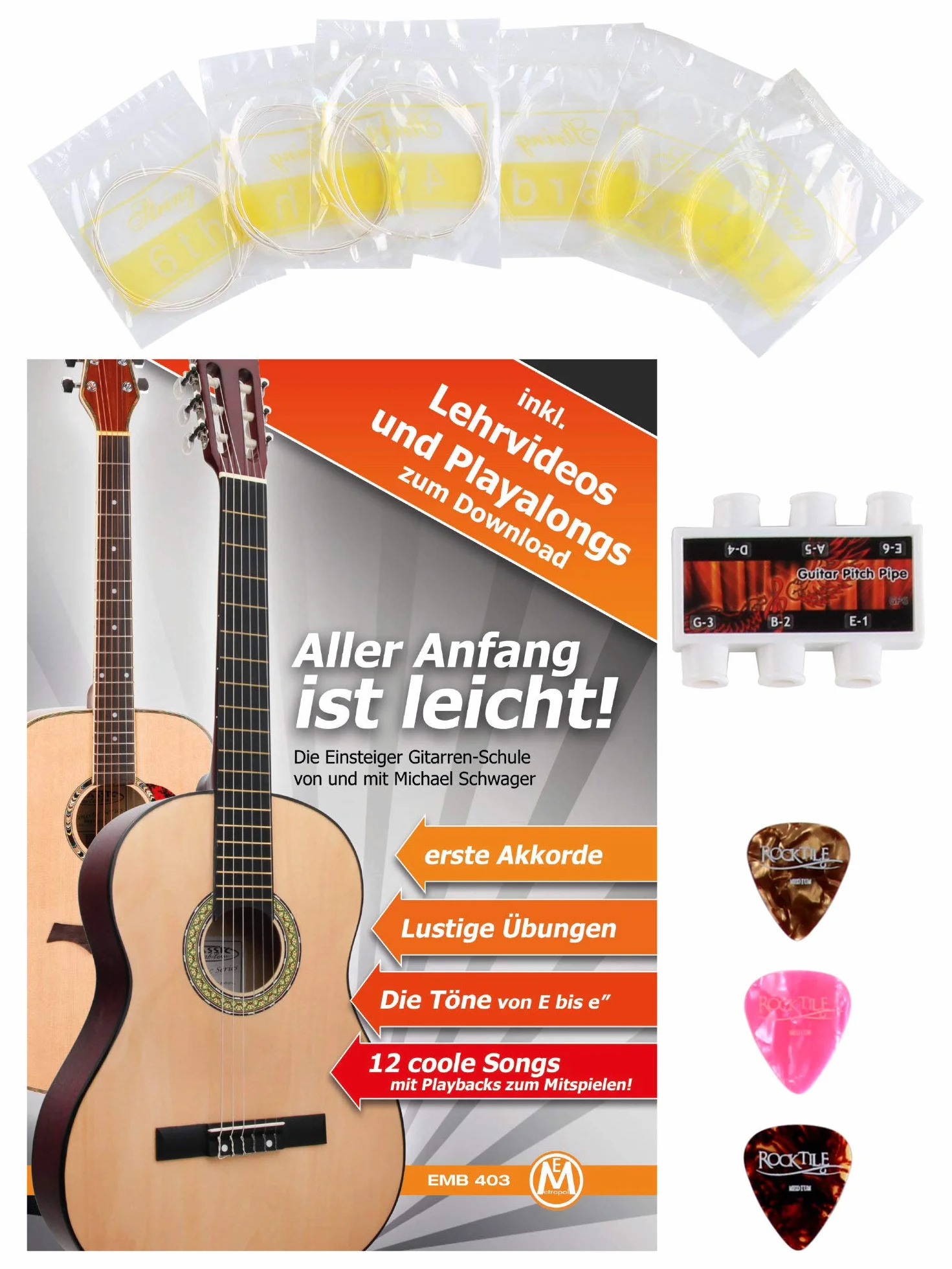Classic Cantabile AS-851 3/4 Konzertgitarre Starter Set (Komplettes Anfänger Set mit Klassik Gitarre, Gigbag Tasche, Nylonsaiten, Lehrbuch/Schule, 3x Plektren und Stimmpfeife)