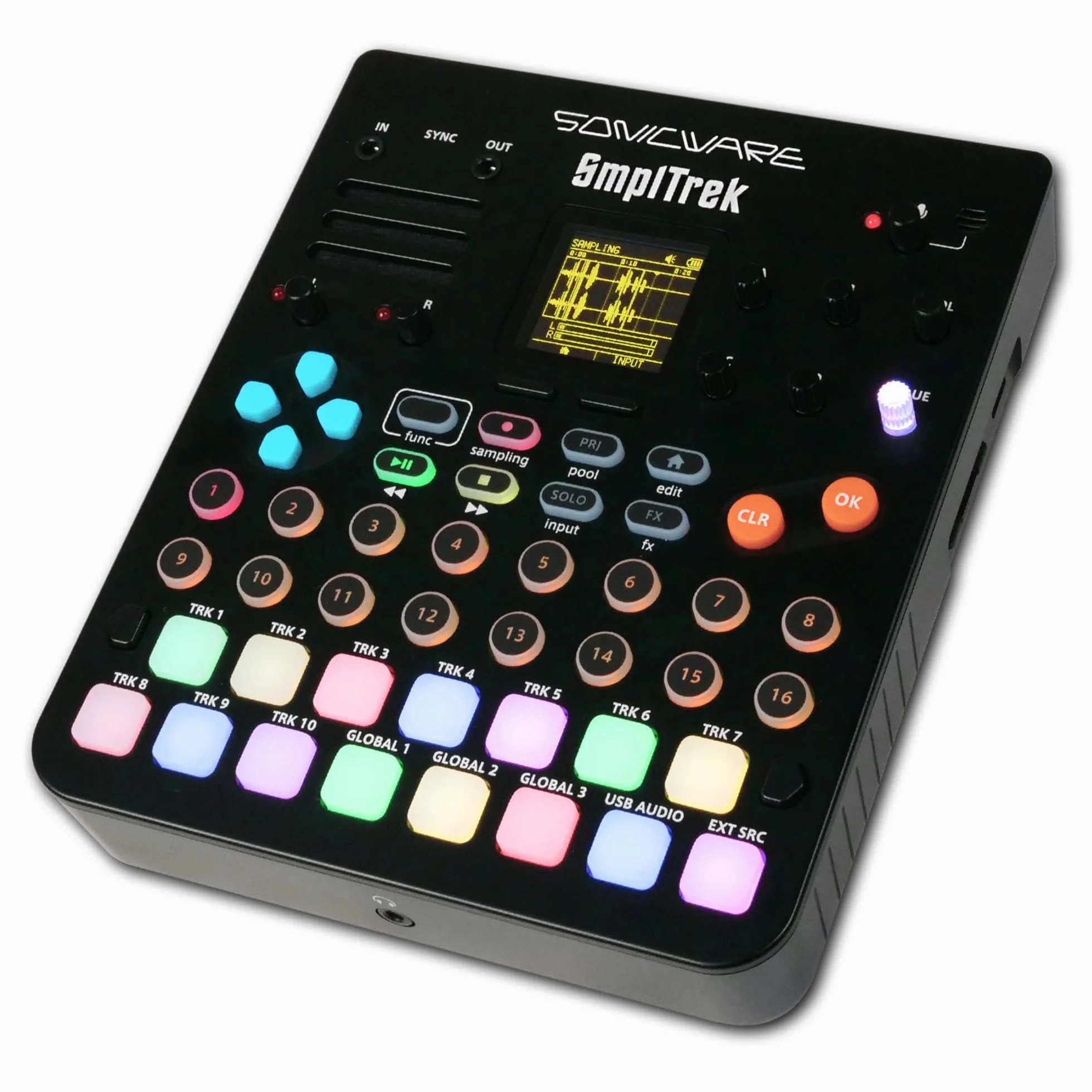 Sonicware SmplTrek [Sampler & Groovebox] 48kHz-16bit Sampler, 30 polyphone Stimmen, 10 Sequenzerspuren, 35 Effekte, 10 Kanalmixer, 15 anschlagdynamische Pads mit RGB LEDs