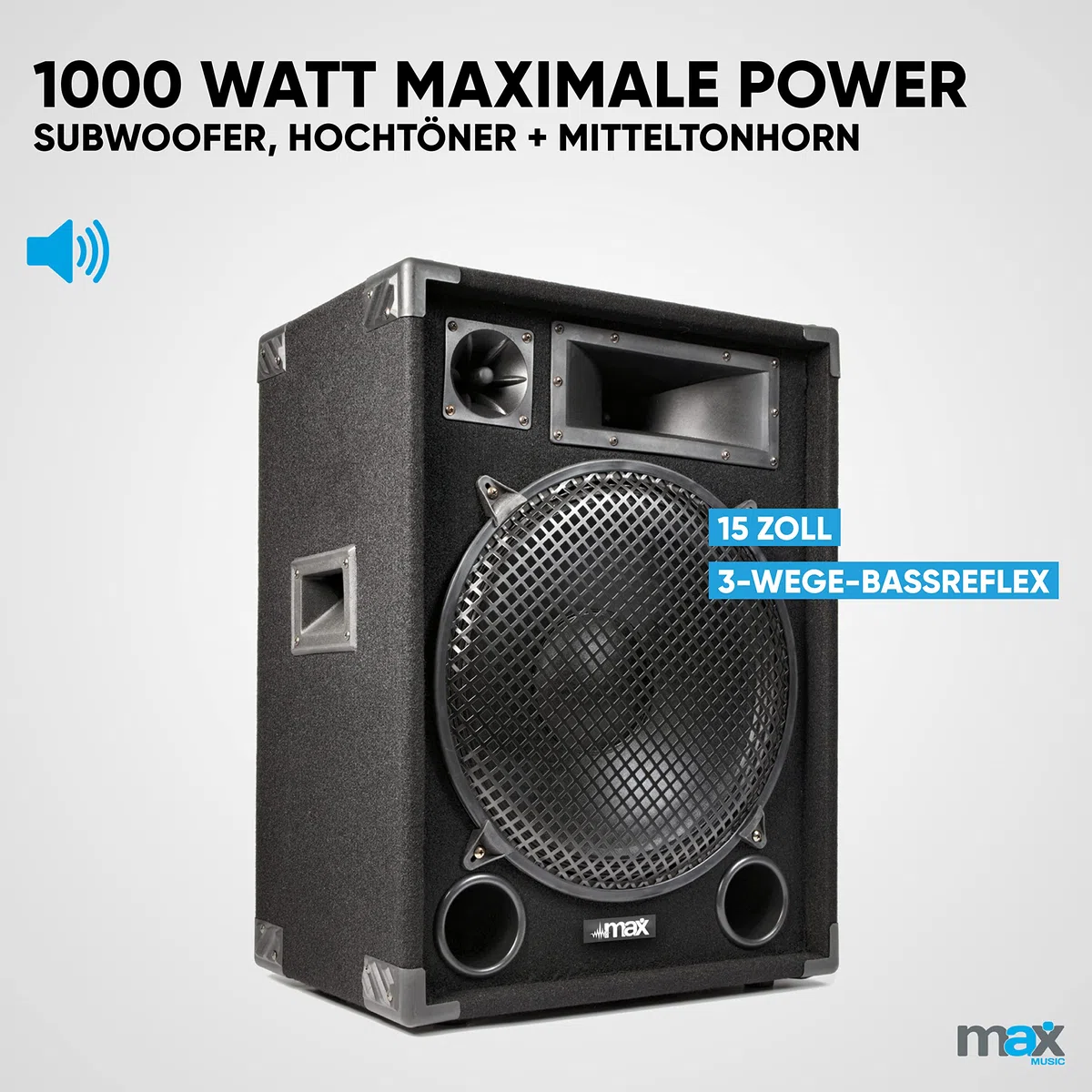 MAX MAX15 - Passiver Lautsprecher, 2er Set 1000 Watt mit je 15 Zoll Tieftöner, Partyboxen mit Griffe, Passive DJ Boxen Partylautsprecher, Disco Lautsprecherbox in Schwarz