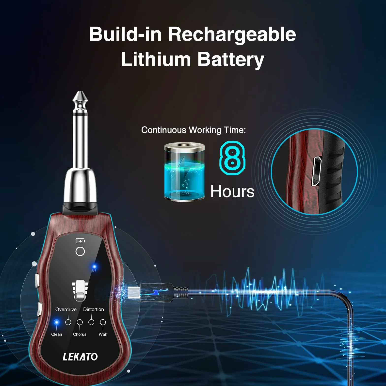 Gitarren-Kopfhörer-Verstärker, LEKATO Mini-Gitarrenverstärker, wiederaufladbarer Taschen-Gitarrenverstärker mit Bluetooth, Eingebaute Effekte, Clean Chorus Overdrive Verzerrung und Wah