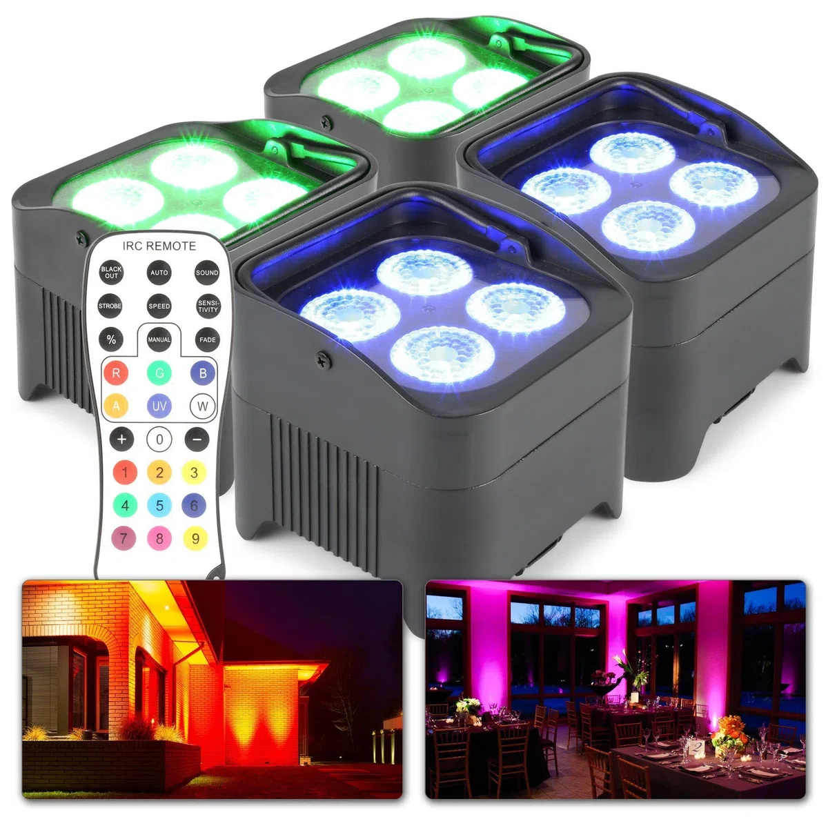 BeamZ BBP94 Uplight LED Par Strahler, 4er Set, 4 x 10 Watt, Akku Bühnenbeleuchtung 4er Set für DJ Pult, Bühnenlicht, DMX-LAN, Partylicht Musikgesteuert, Bühnenequipment, Fernbedienung