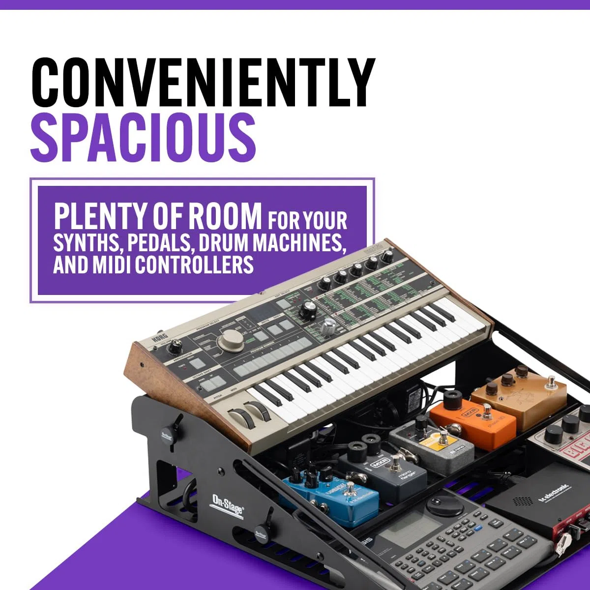 On-Stage SR5 Synth-Rack (Desktop-Tastaturständer, Pedalboard und Mini-Rack, drei Ebenen, hält Mini-Synths, Stompbox-Effekte, Drum-Maschinen, kleine Mixer, 2U Rack-Getriebe, Stahl, schwarz, mit Tasche)
