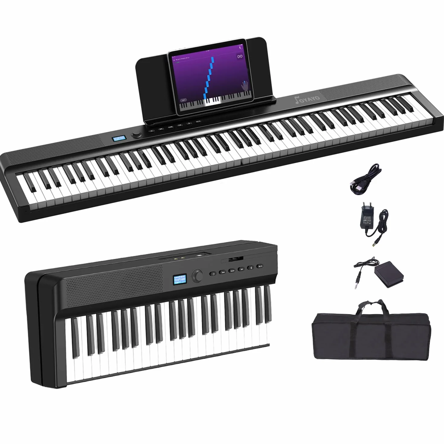 Faltbares Digitalpiano 88 Tasten, Halbgewichtete Tastatur, Bluetooth MIDI Keyboard, Tragbares E-Piano mit Sustain-Pedal, Notenständer und Tragetasche