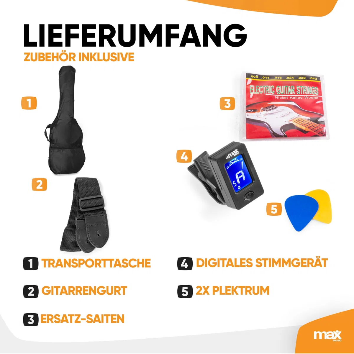 Max GigKit E Gitarre Set 4/4 mit Verstärker 40 Watt, Schwarz