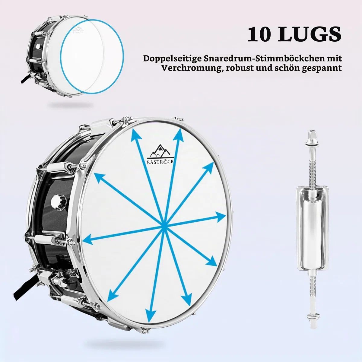 EASTROCK Snare Drum 14x5.5 Zoll mit Gigbag, Drumsticks, Schlagzeugtasten, Schwarz