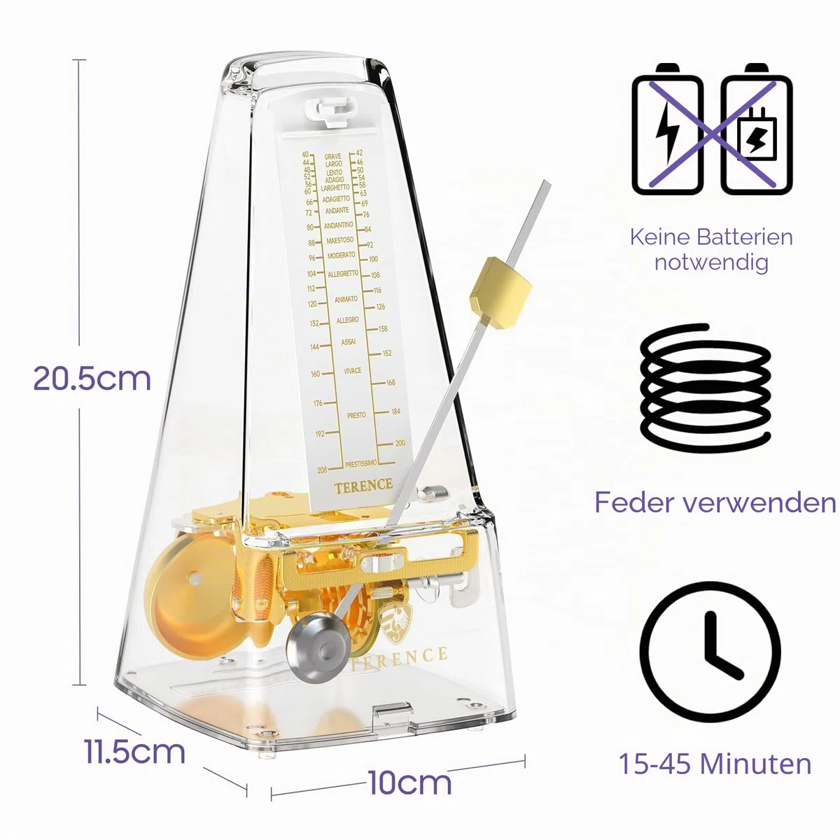 TERENCE Mechanisches Metronom für Gitarre Bass Klavier Violine mit hoher Präzision Traditionelle Pyramide Transparent
