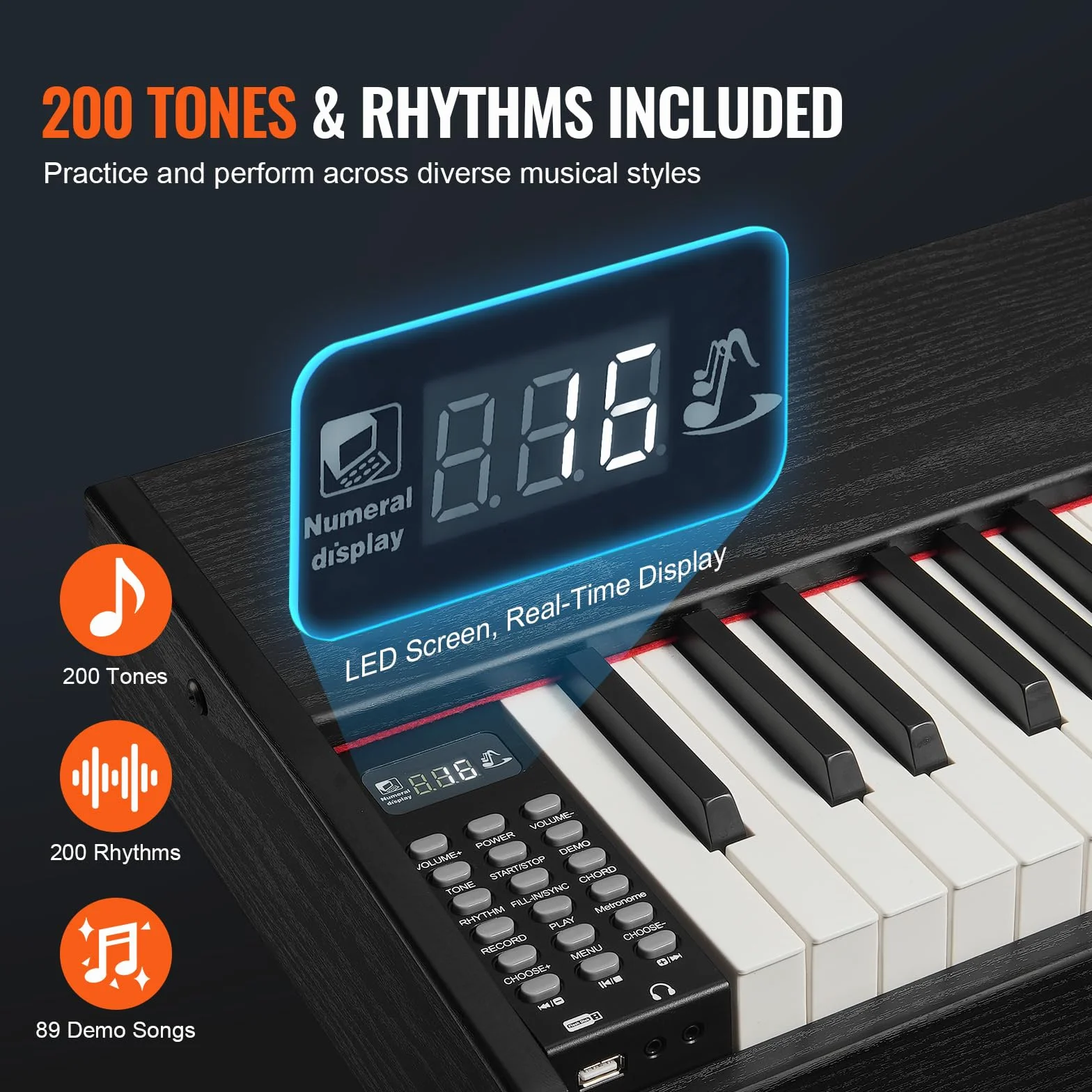 VEVOR Digitalpiano, 88 Tasten, Elektrisches Klaviere, Doppeltastatur und Lautsprecher, einfache Gehäusehalterung mit Kopfhörer, 200 Töne und Rhythmen, unterstützt Bluetooth/USB/MIDI, für Anfänger