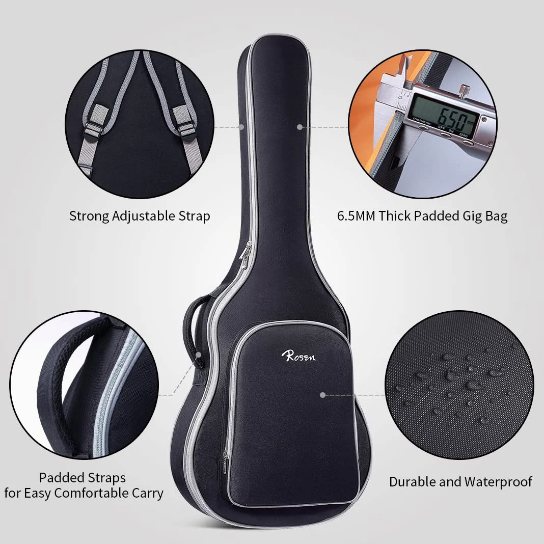 Rosen Solid Top Gitarre Dreadnought Akustikgitarre 41 Zoll Einsteiger-Gitarren-Bundle aus Fichte mit Buch, gepolsterter Tasche, Saiten, Plektren, Stimmgerät, Inbusschlüssel, Gurt, Poliertuch, blau