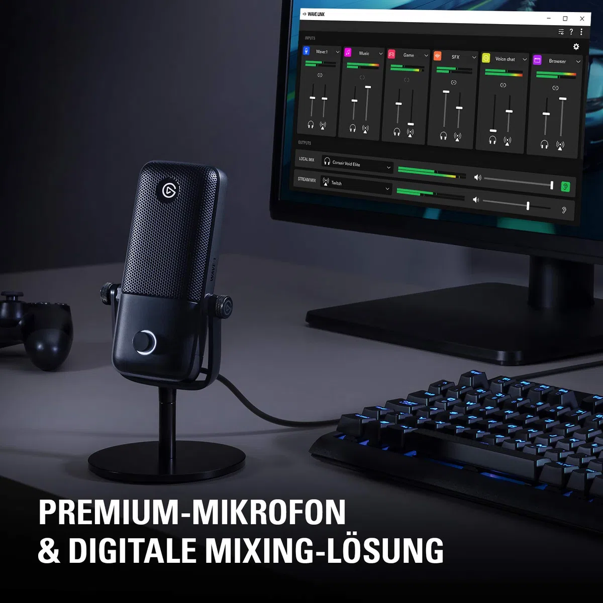 Elgato Wave:1 - Professionelles USB-Kondensatormikrofon für Streaming, Gaming, Homeoffice, gratis Mixing-Software, Soundeffekt-Plugins, Anti-Verzerrung, Plug & Play, Mac/PC, kompatibel mit Stream Deck