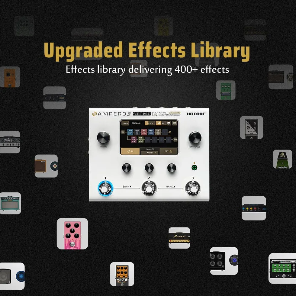 HOTONE Gitarre Bass Multi-Effekte Prozessor Gitarren Bass Effektpedal Touchscreen Gitarre Bass Amp Modelliergerät IR Cabinets Simulation Multi FX Prozessor Ampero II Stomp