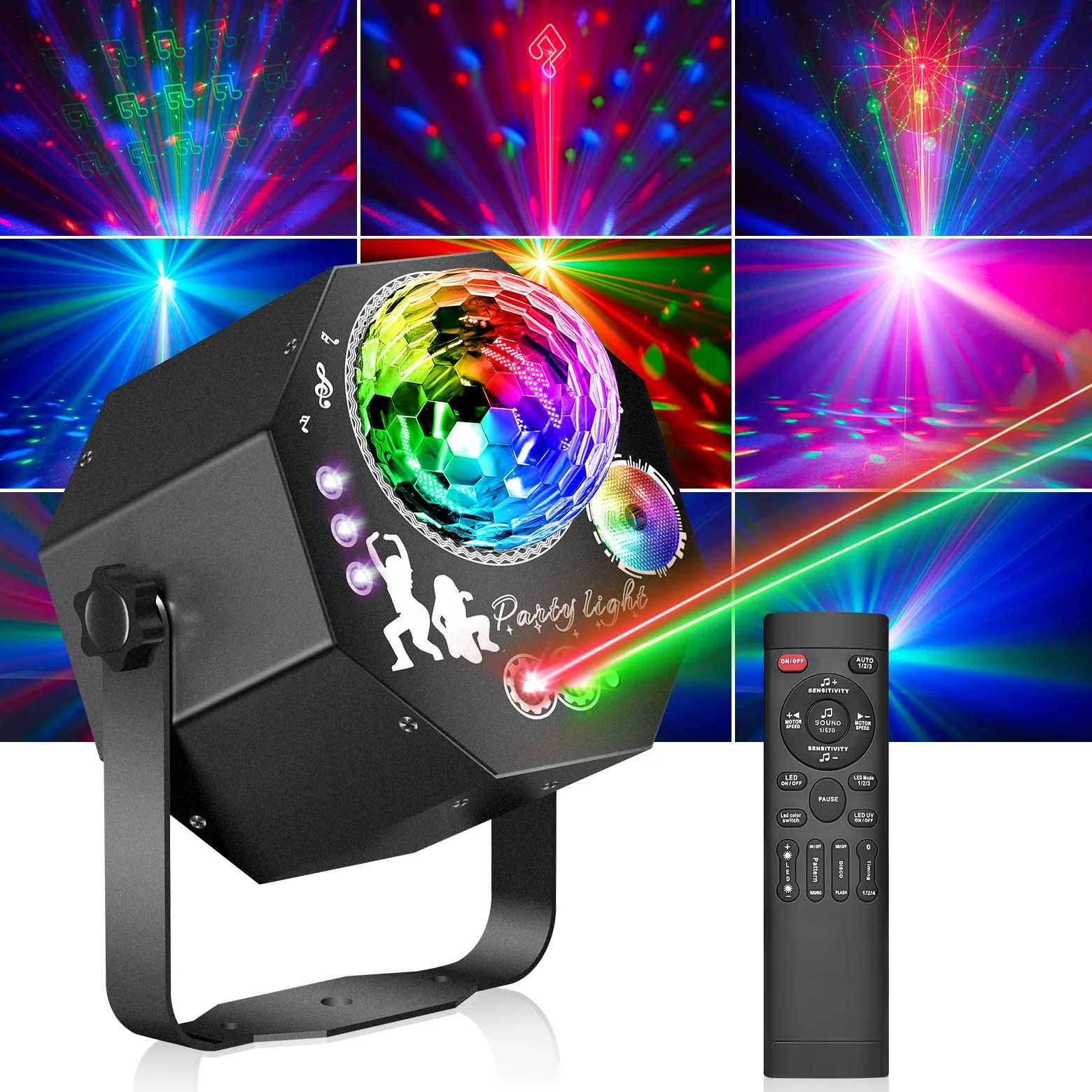 4 in 1 Disco Partylicht mit Discokugel, Musikgesteuerte DJ Disco Licht, RGB LED Par Strahler, Lichteffekte Partylicht für Hauspartys, Clubs, Halloween, Weihnachten