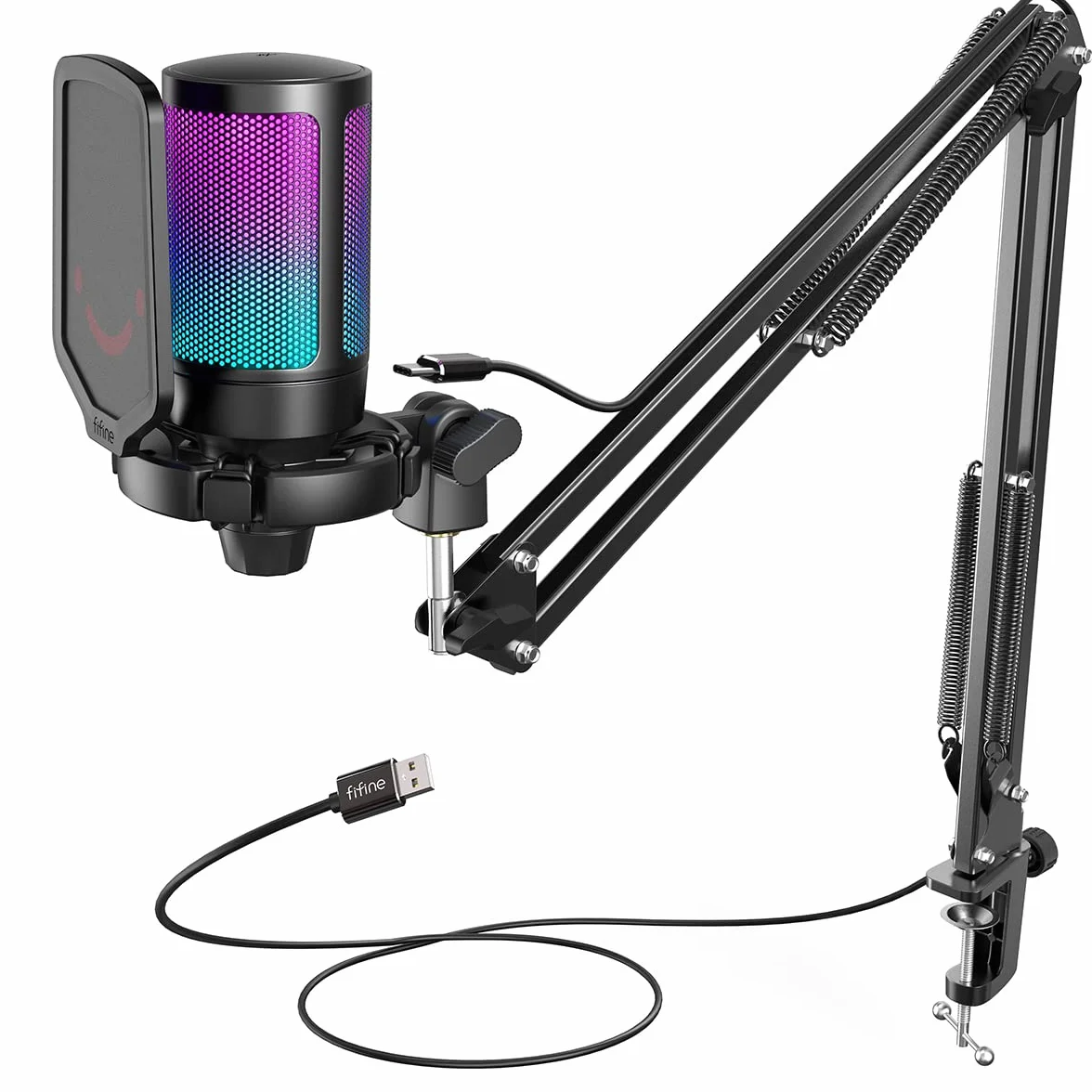 FIFINE Gaming Mikrofon PC mit Arm, USB Microphone Kit mit Stummschalttaste für Podcast Streaming Studio, MAC PS4 PS5
