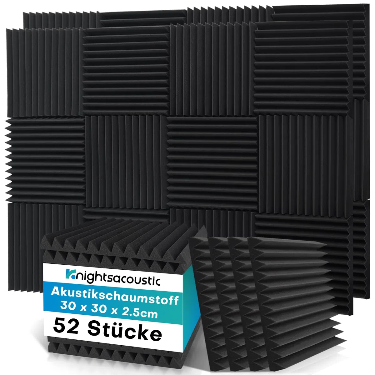 Knightsacoustic 52 stück Akustikschaumstoff Akustikschaumplatten, 2.5 x 30 x 30 cm Schallabsorber Akkustikschaumstoff Schallschutz für Tonstudio, Schwarz