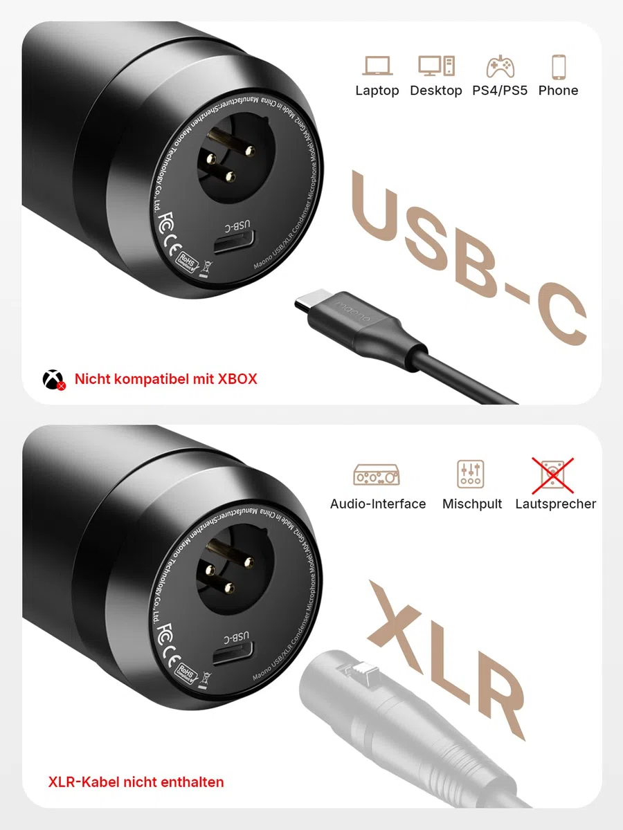 MAONO XLR/USB PC Mikrofon Set: 192kHz/24bit Studioqualität, Plug & Play, 3-stufige Rauschunterdrückung, 4 Presets. Metallmikrofon-Kit mit Software für Podcast, Streaming, Aufnahmen, Gesang, A04 Gen2