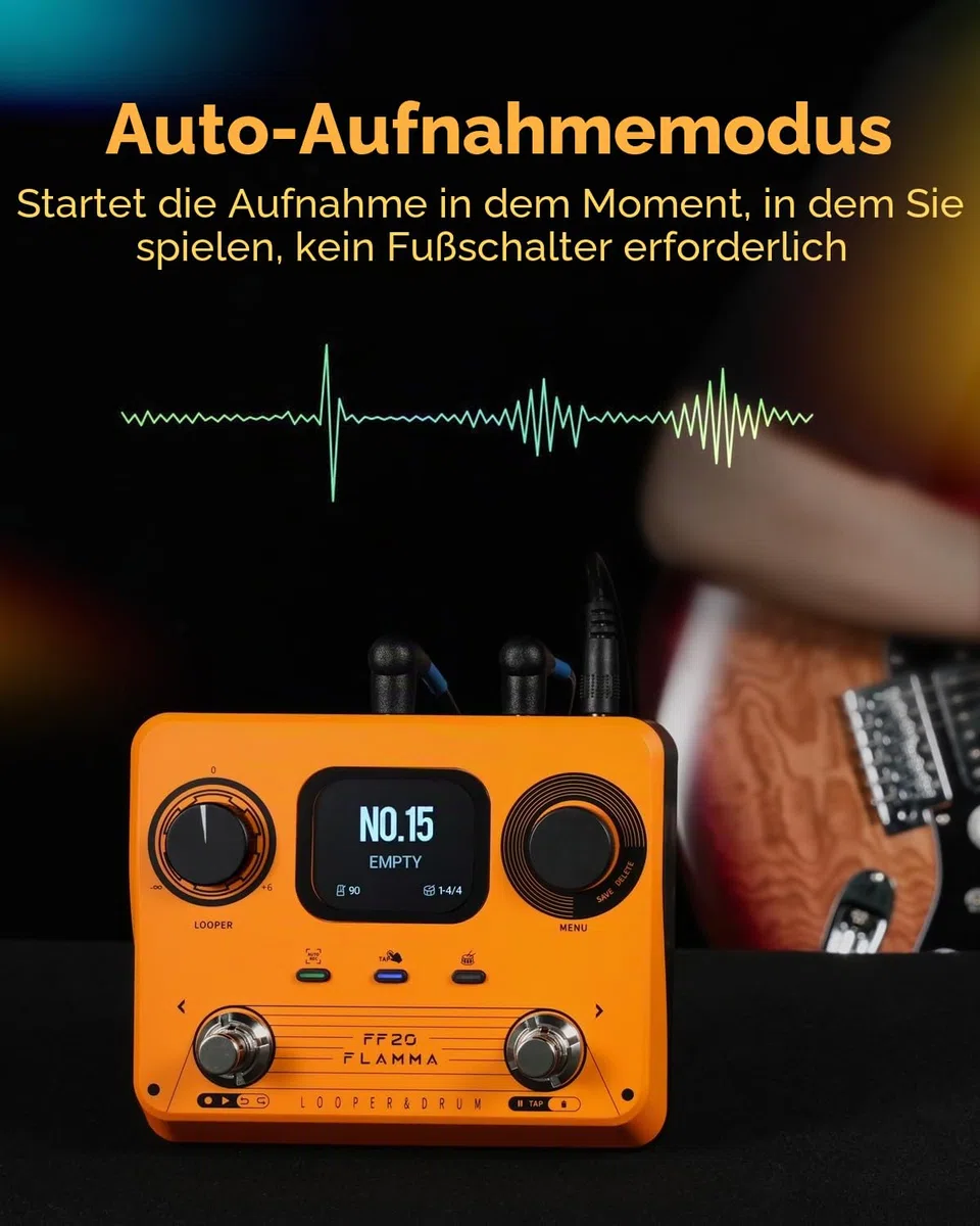 FLAMMA FF20 Looper-Pedal mit integrierter Drum-Maschine – 300 Min Stereo-Aufnahme, 220 Drum-Grooves, 100 Speicherplätze, Time-Stretch, Auto-Record, USB & Kopfhörerausgang – für Gitarre & Bass
