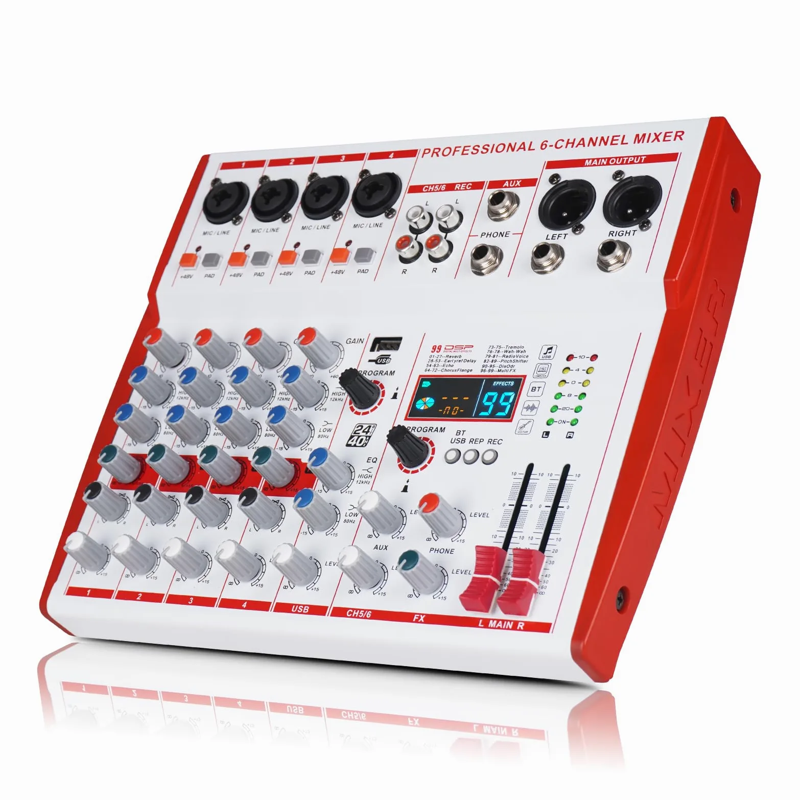 MW-6 6-Kanal-DJ-Audio-Tuner, tragbarer DSP-Controller-Mixer mit 99 eingebauten Voreinstellungen für Live-Podcasts, Familienpartys und Musikproduktion