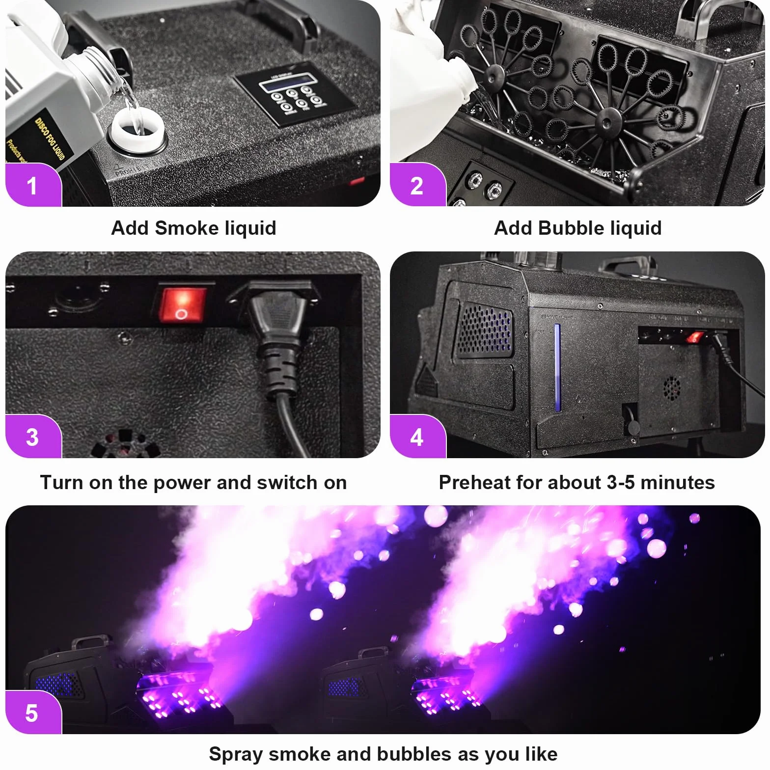 Nebelmaschine mit Blasen, Seifenblasenmaschine 1500W mit 18 RGB 3 in 1 Effekten, Fernbedienung mit DMX-Steuerung, geeignet für Party, DJ, Halloween, Weihnachten, Hochzeit