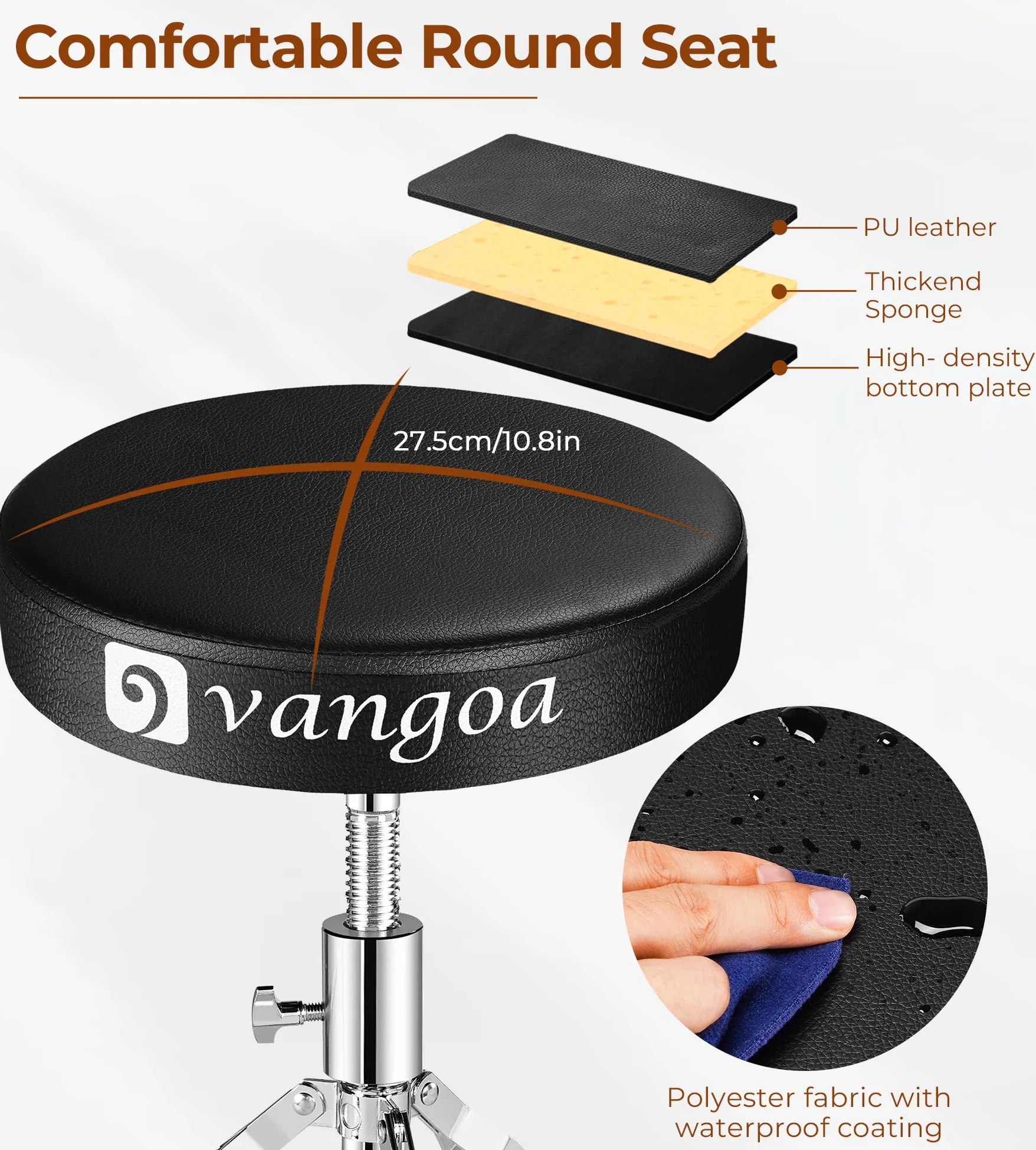 vangoa Drums Hocker mit Trommelstöcken,Schlagzeughocker Klappbarer,Leichter,Höhenverstellbarer,45-60cm,Runde Dick Gepolstert Gummifüßen Schlagzeug Kinder Erwachsener