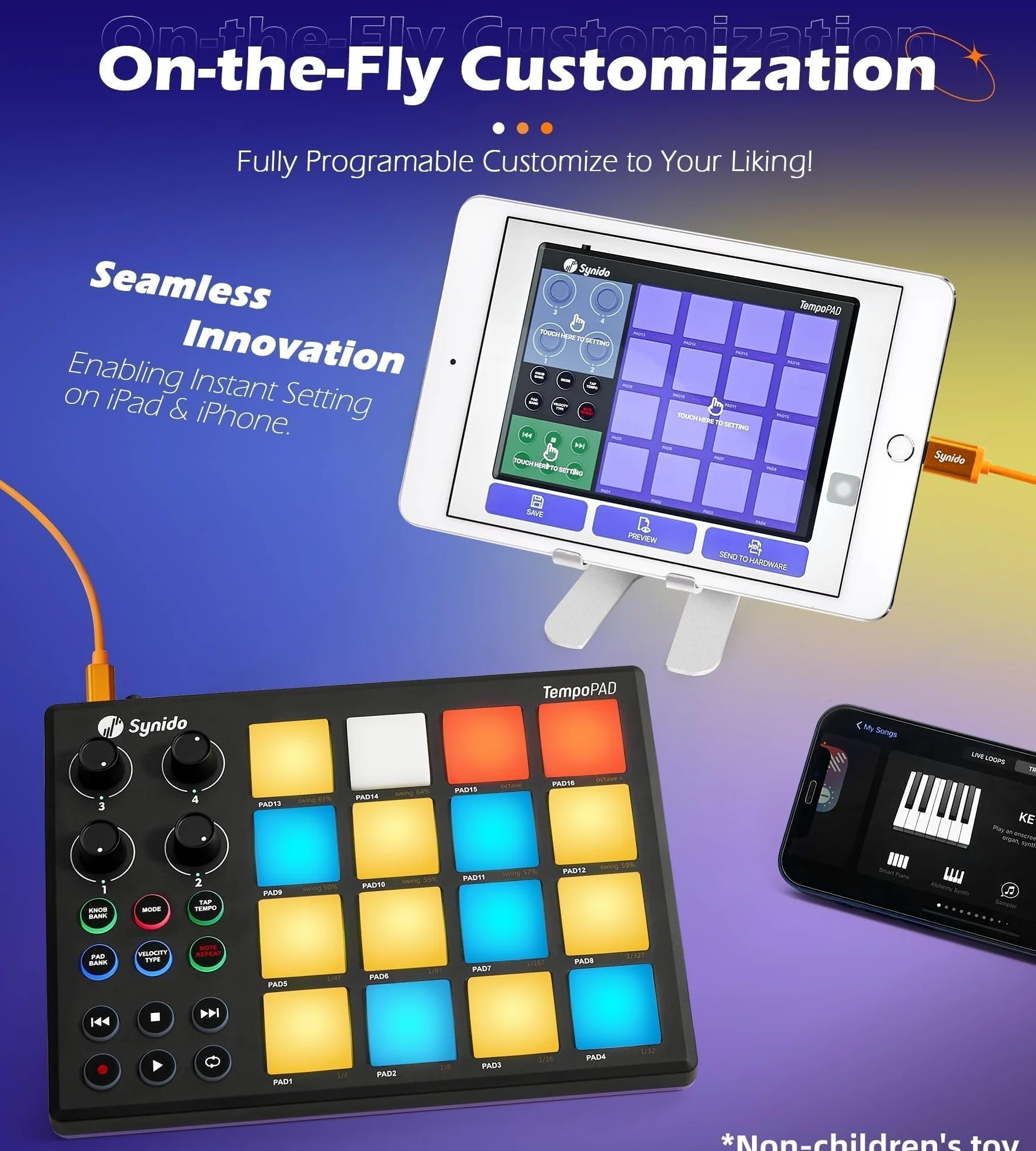 Synido MIDI Pad Controller Beat Maker Machine für Musikproduktion, TempoPAD Tragbares USB MIDI Beat Pad für Anfänger mit robuster Tragetasche, Hintergrundbeleuchtetes Schlagzeug-Pad, 4 zuweisbare