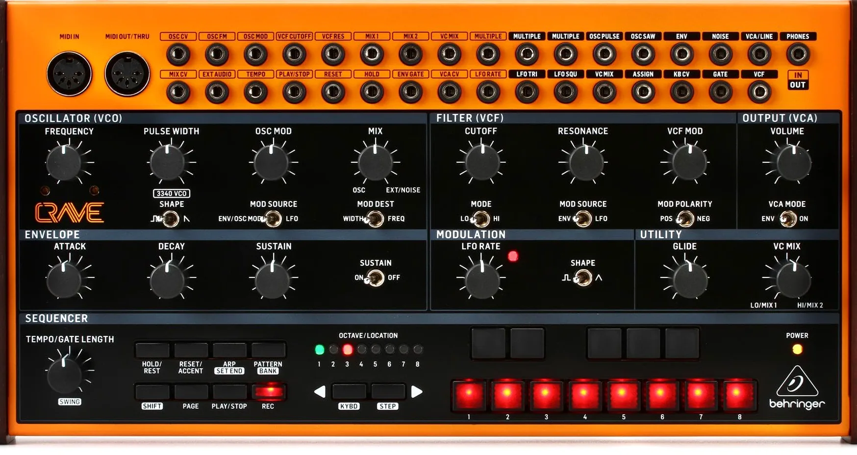 Behringer CRAVE Analoger halbmodularer Synthesizer mit 3340 VCO, klassischem Leiterfilter, 32-Schritt-Sequenzer und 16-stimmiger Polykette