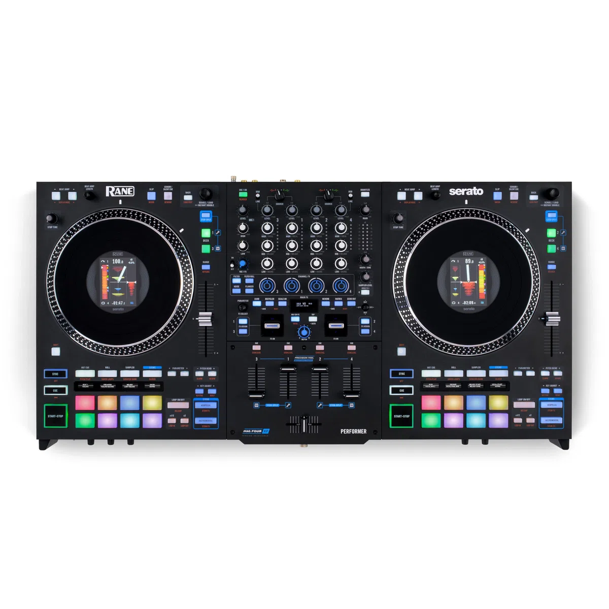 RANE PERFORMER 4-Kanal Pult, Motorisierter DJ Controller, 7-Zoll Platters mit Displays, Precision Feel Fader, Stem-Split, Serato DJ Pro Freischaltung