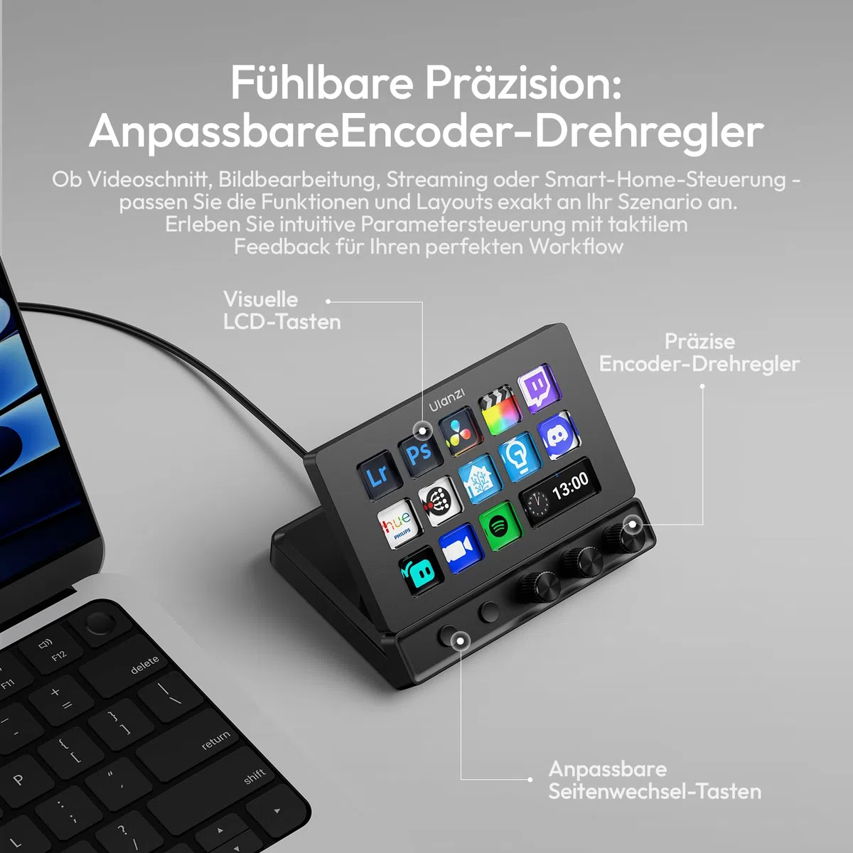 ULANZI D200X 8-in-1 Stream Controller mit 3 Drehknopf 14 LCD-Makrotasten, Streamdeck mit USB-C Dockingstation, 4K HDMI, Audioanschluss, kompatibel mit Mac/Windows, für OBS/Streaming/Editing/Fotografie
