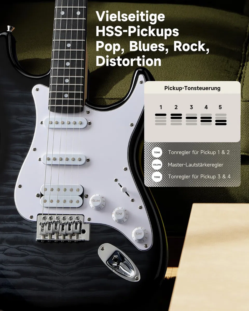 Donner DST-90 E-Gitarre Set 39 Zoll, Einsteiger E-Gitarren Komplettset mit Verstärker, HSS Tonabnehmer, Gigbag, Stimmgerät, Kapodaster, Gurt, Saiten, Kabel und Plektren, Black Burst