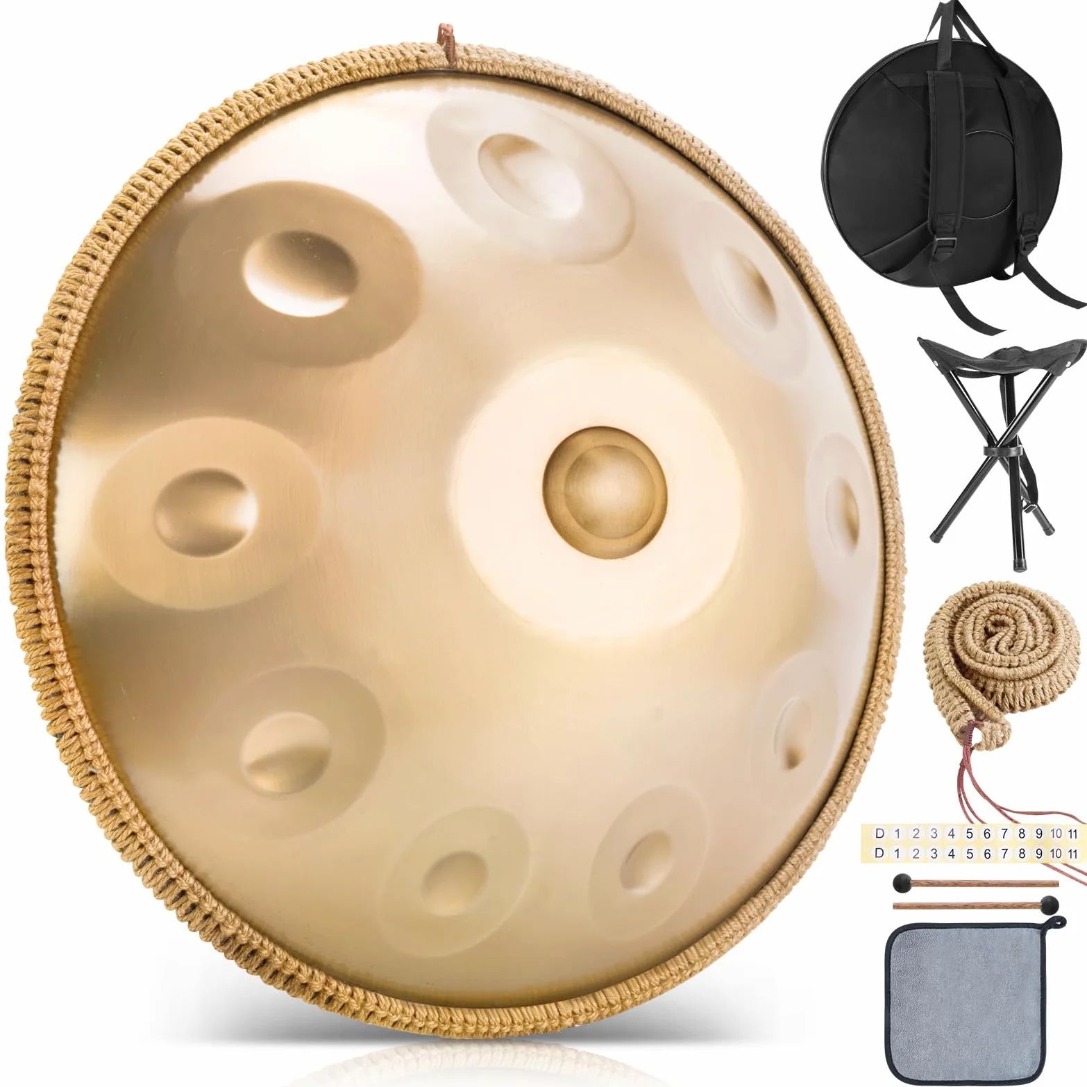 Handpan Instrument 440 Hz,10 Töne 22 Zoll Handpan Drum,Hand Pan in d-Moll,"Gold Performer" Zungentrommel mit Tasche,Schlägel,Ständer,für Anfänger,Profis,Musiktherapie (Gold, 10 Töne 440 Hz)