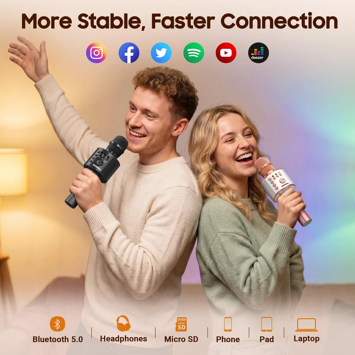 BONAOK Bluetooth Karaoke Mikrofon Erwachsene, Tragbares 3 in 1 Karaoke Mic, Handmikrofon für iPhone Android PC Smartphone (Schwarz)