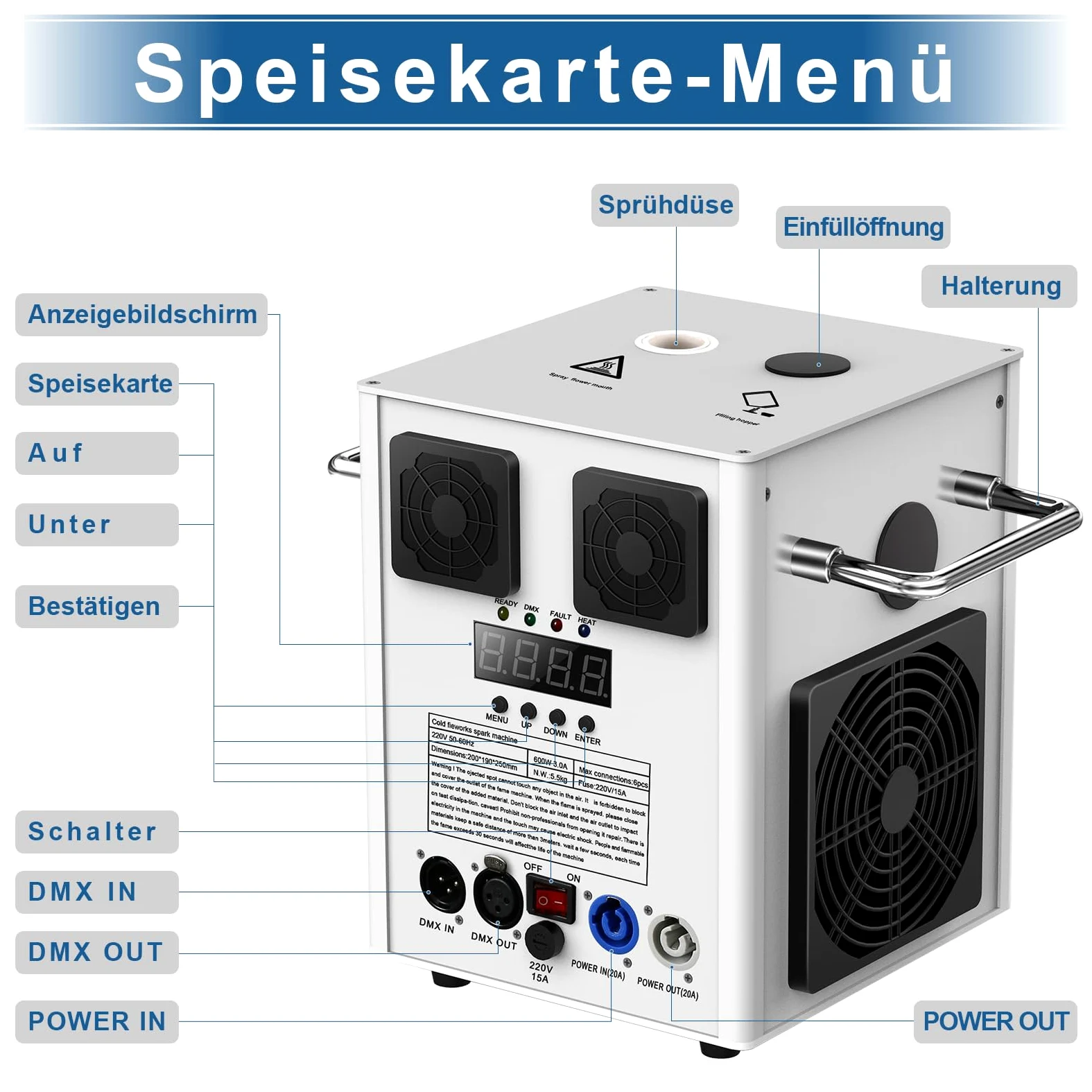 600W Cold Spark Machine mit Flightcase, Spark Machine Stage Effect mit Fernbedienung, Effekthöhe 1-5 Meter Stage Spezialeffekt Machine per DMX-512 in Big Show Hochzeitszeremonie Hochzeit, Bühne Party