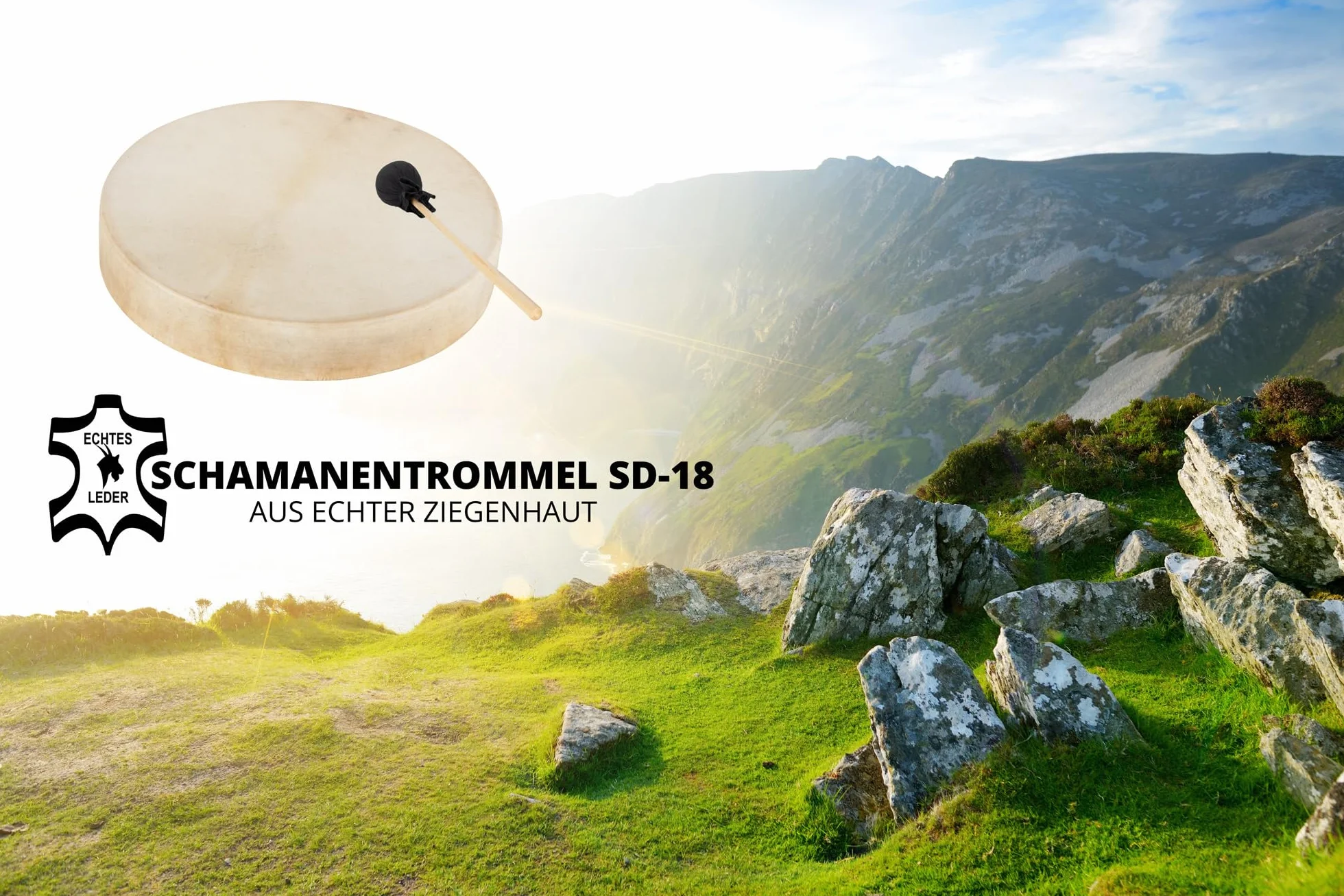 Classic Cantabile SD-16 Schamanentrommel - Handgefertigte Rahmentrommel aus Esche mit echter Ziegenfell, tiefer Klang für Meditation, Ritual & Klangtherapie (18" Ziegenfell, Trommel einzeln)