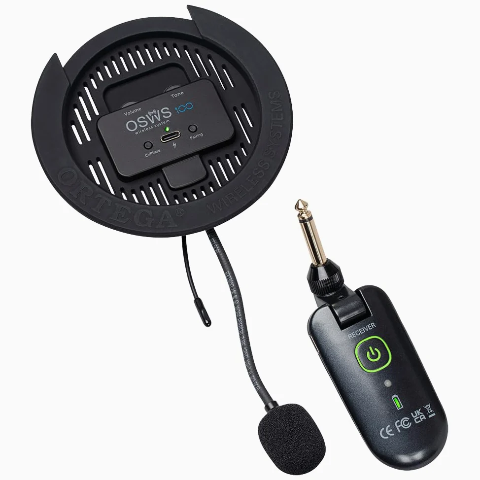 Ortega Guitars Wireless System Pickup – Tonabnehmer für Gitarren mit 100 mm Schallloch – Wiederaufladbar – Schwarz (OSWS100)