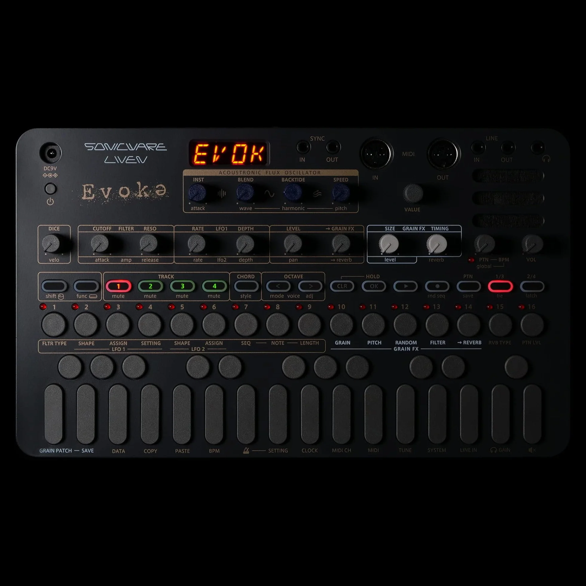 Sonicware LIVEN Evoke Acoustronic Ambient Synthesizer 34 Instrumente Granular Grain FX Flux Oscillator 10 Reverbs 6 Effekte 4-Spur-Sequencer Chord Arpeggiator