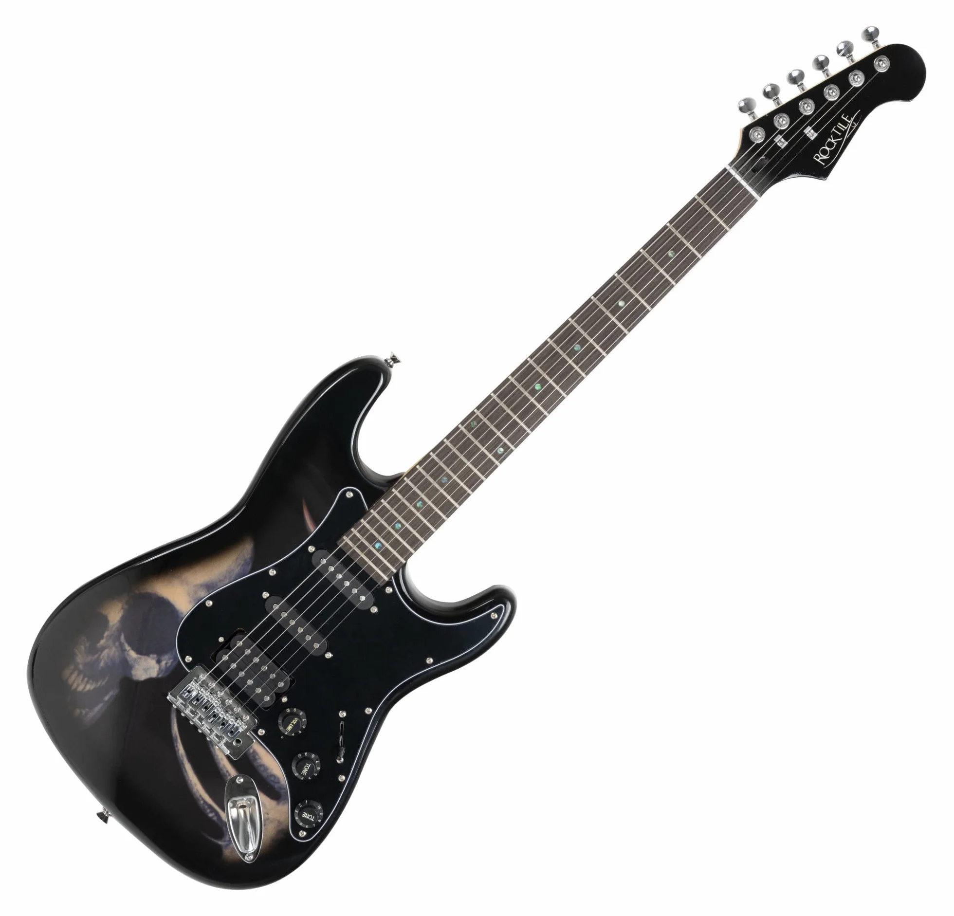 Rocktile Pro ST60-SKULL E-Gitarre Skull Design (1 Humbucker, 2 Single Coils, 22 Bünde, Rosenholz Griffbrett, Lindenholz Korpus, Ahorn Hals)