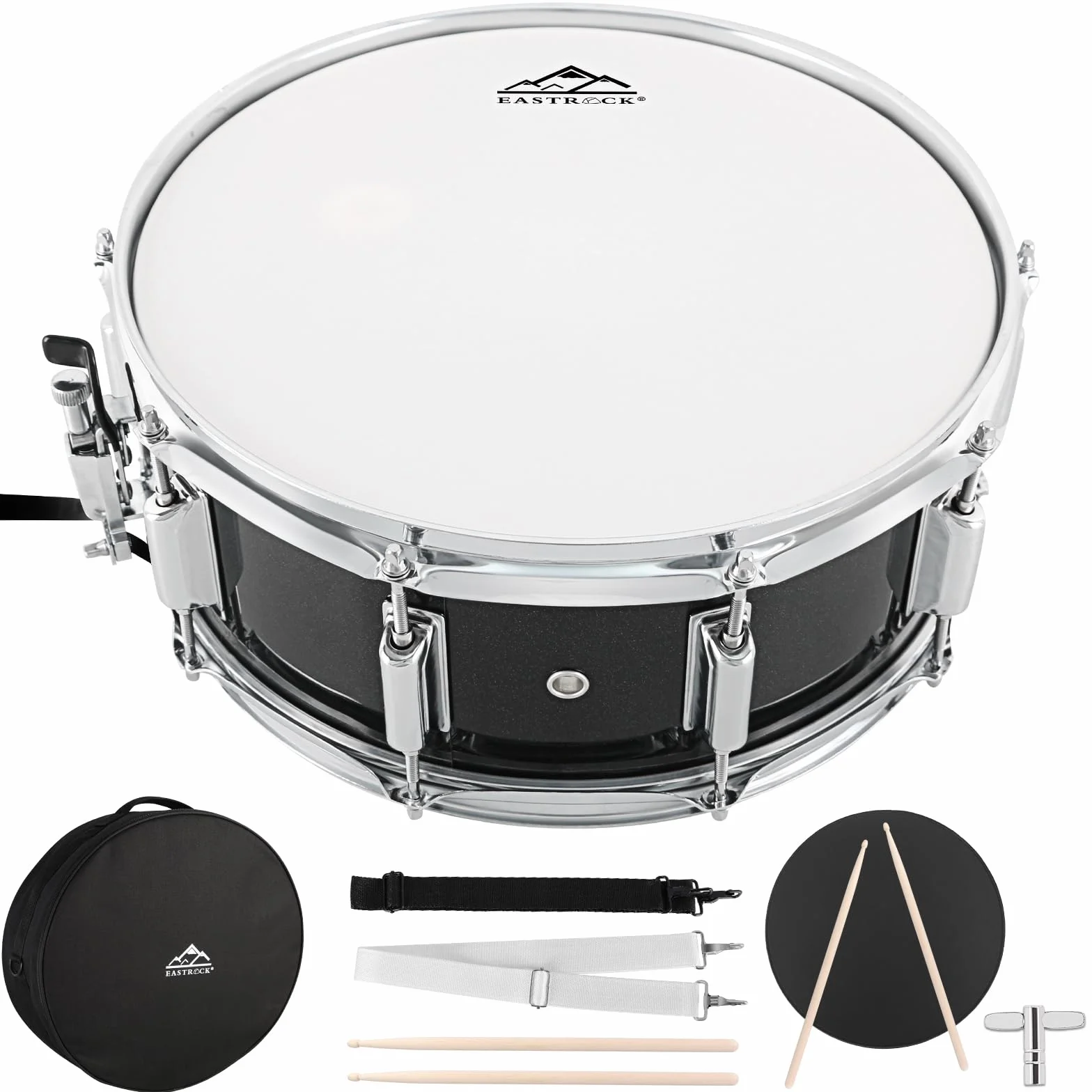 EASTROCK Snare Drum 14x5.5 Zoll mit Gigbag, Drumsticks, Schlagzeugtasten, Schwarz