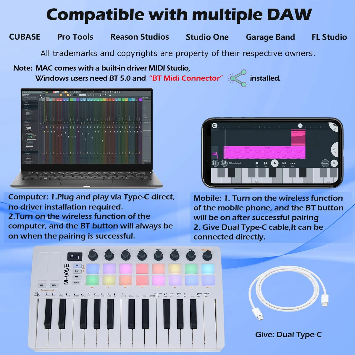 M-VAVE 25 Tasten 16 Backlit Drum Pads MIDI Keyboard - Professioneller Beat Maker und Keytar für Keyboard Musikproduktion Builtin Battery Wireless Connect Weiß