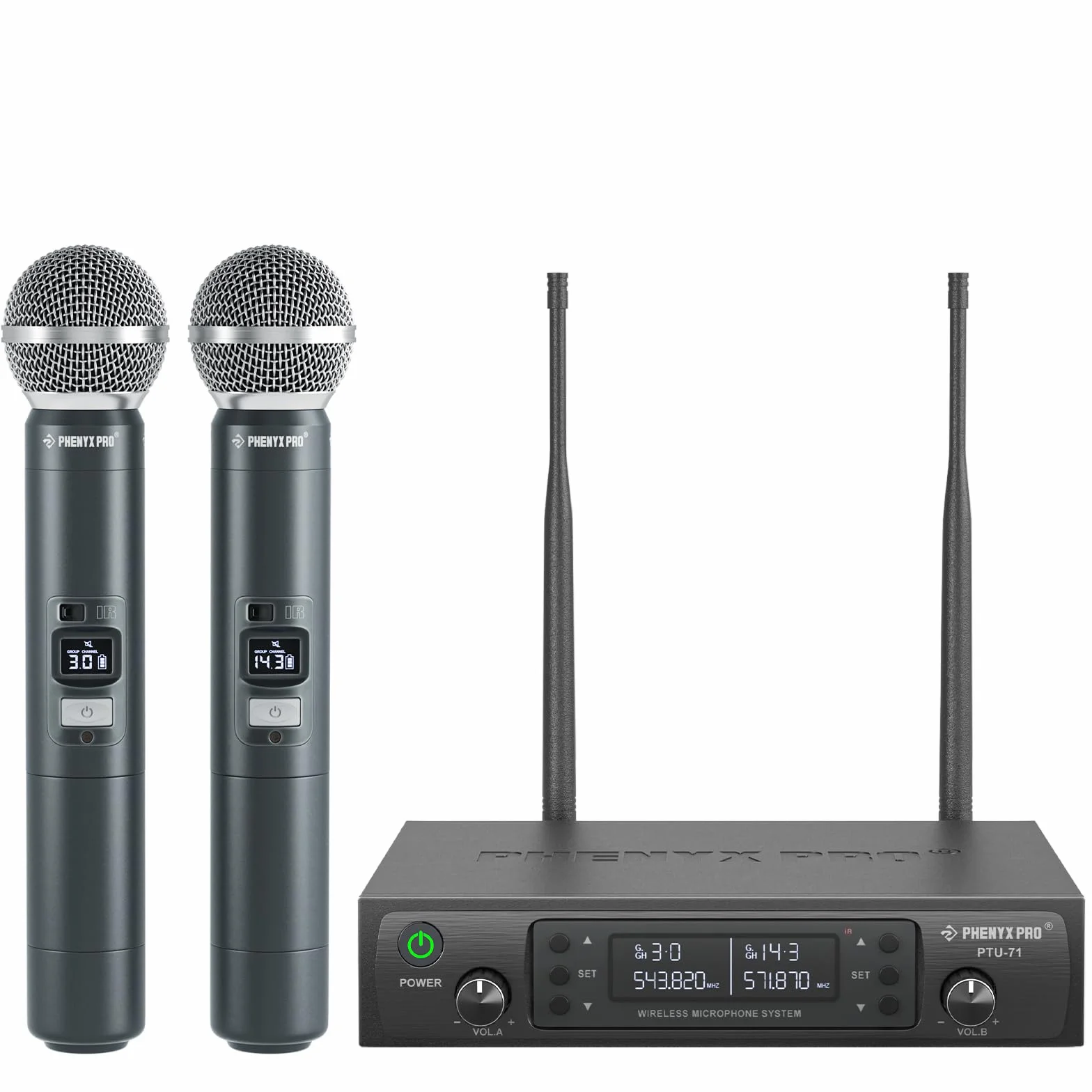 Phenyx Pro Drahtloses Mikrofonsystem, Dynamisches Funkmikrofon, 2x100 Einstellbare UHF Dual, Auto Scan, 328ft Reichweite, Für Gesang, Karaoke, Kirche (PTU-71A)