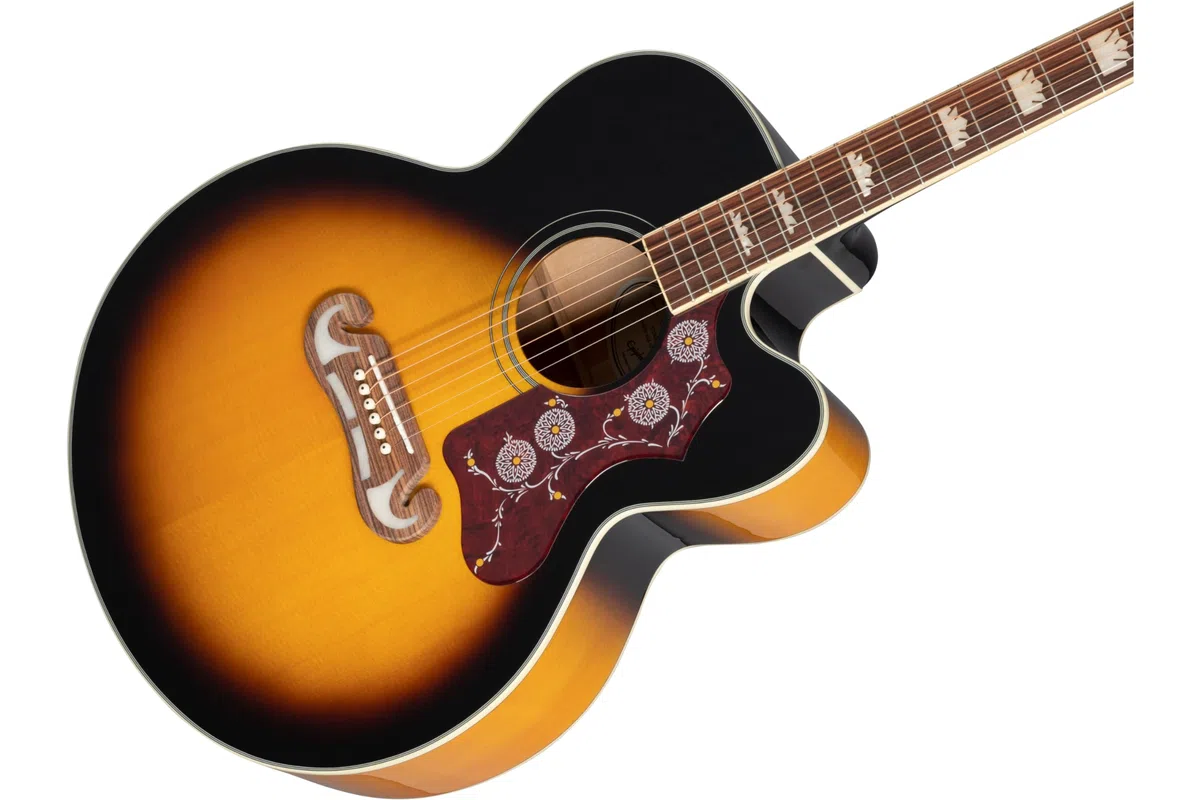 Epiphone EJ-200SCE Solid Top Cutaway Akustisch/Elektrische Gitarre (Vintage Sunburst Lack, Ahorn Korpus, Fichtendecke, 25.5 Mensur)
