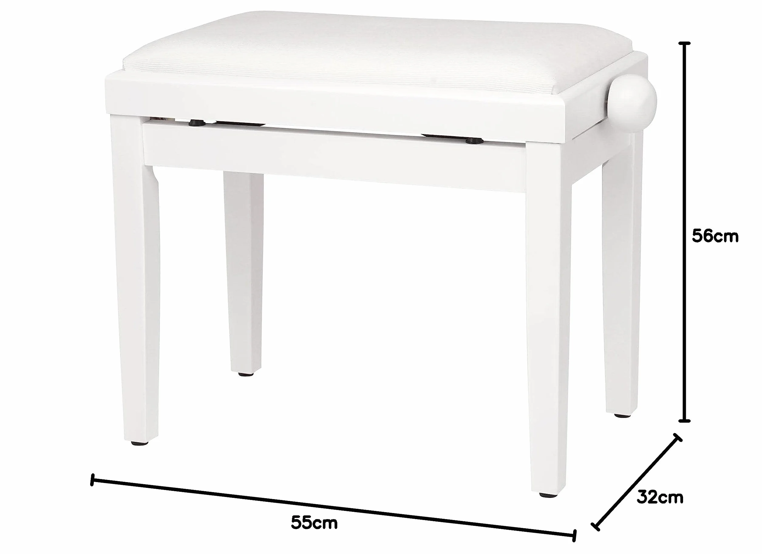 Pianobank Weiß-matt (Höhenverstellbar von 47-56cm, Spindelmechanik, Sitzfläche 55 x 32cm, weißer Velourbezug, stabil)