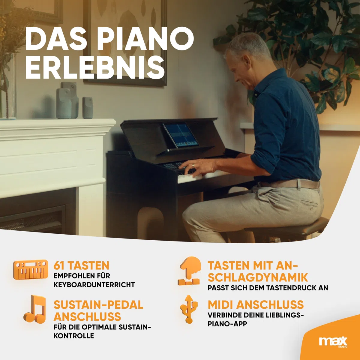 RhapsodyDP61 - Digitales E Piano Keyboard mit 61 Tasten, Keyboard mit Anschlagdynamik, Klavier-Möbel Ständer, 300 Sounds und Rhythmen, 80 Demos, Effekt Akkorde, USB, MIDI, Sustain Anschluss