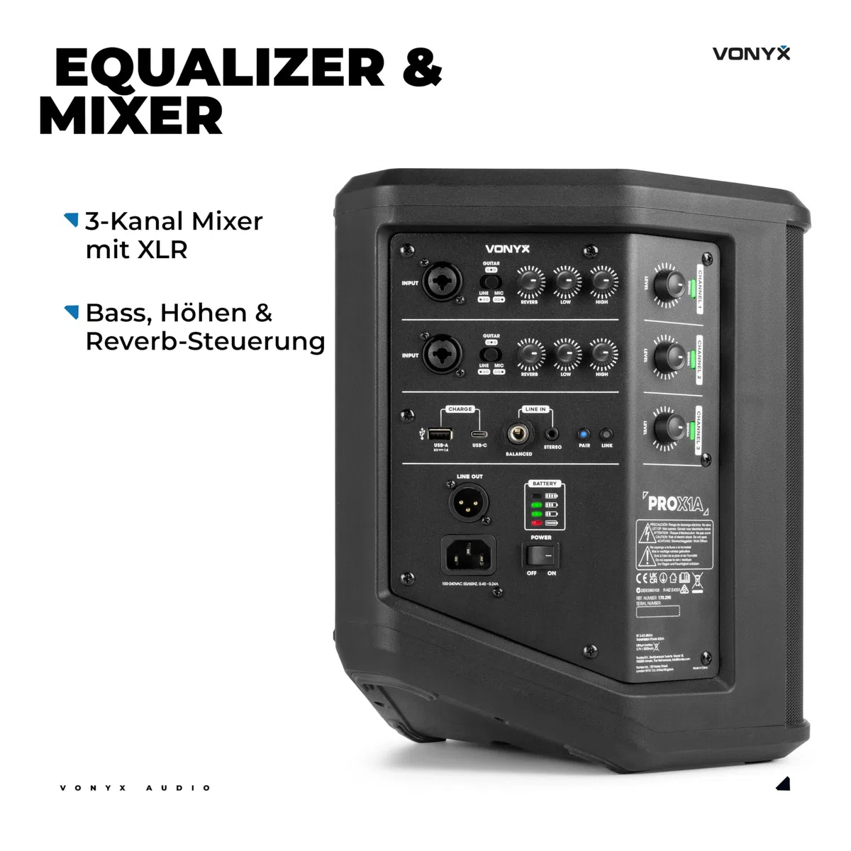 Vonyx PRO X1A - Akku Partybox Bluetooth Lautsprecher Groß, 250 Watt, bis zu 22 Std. Akku, AUX & Line Out, Mobile PA Anlage, 3-Kanal Mixer, Stereo Pairing - Mobile Musikbox Groß, USB & MP3 - Schwarz